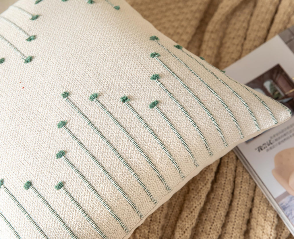 Caflife Boho Throw Pillow Covers 20X20 Set Of 2 Decorative Pillows For Bed, Neutral Pillow Covers Beige With Green Line Throw Pi