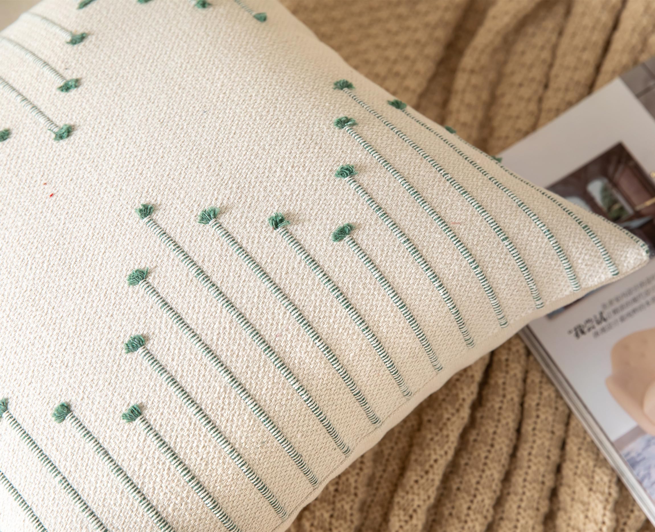 Caflife Boho Throw Pillow Covers 20X20 Set Of 2 Decorative Pillows For Bed, Neutral Pillow Covers Beige With Green Line Throw Pi