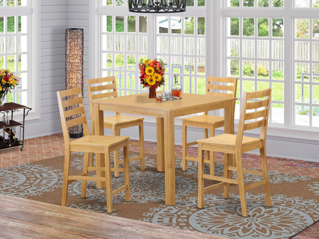 East West Furniture CAFE5-OAK-W 5 Piece Counter Height Pub Set Includes a Square Dining Room Table and 4 Kitchen Chairs, 42x42 Inch, Oak