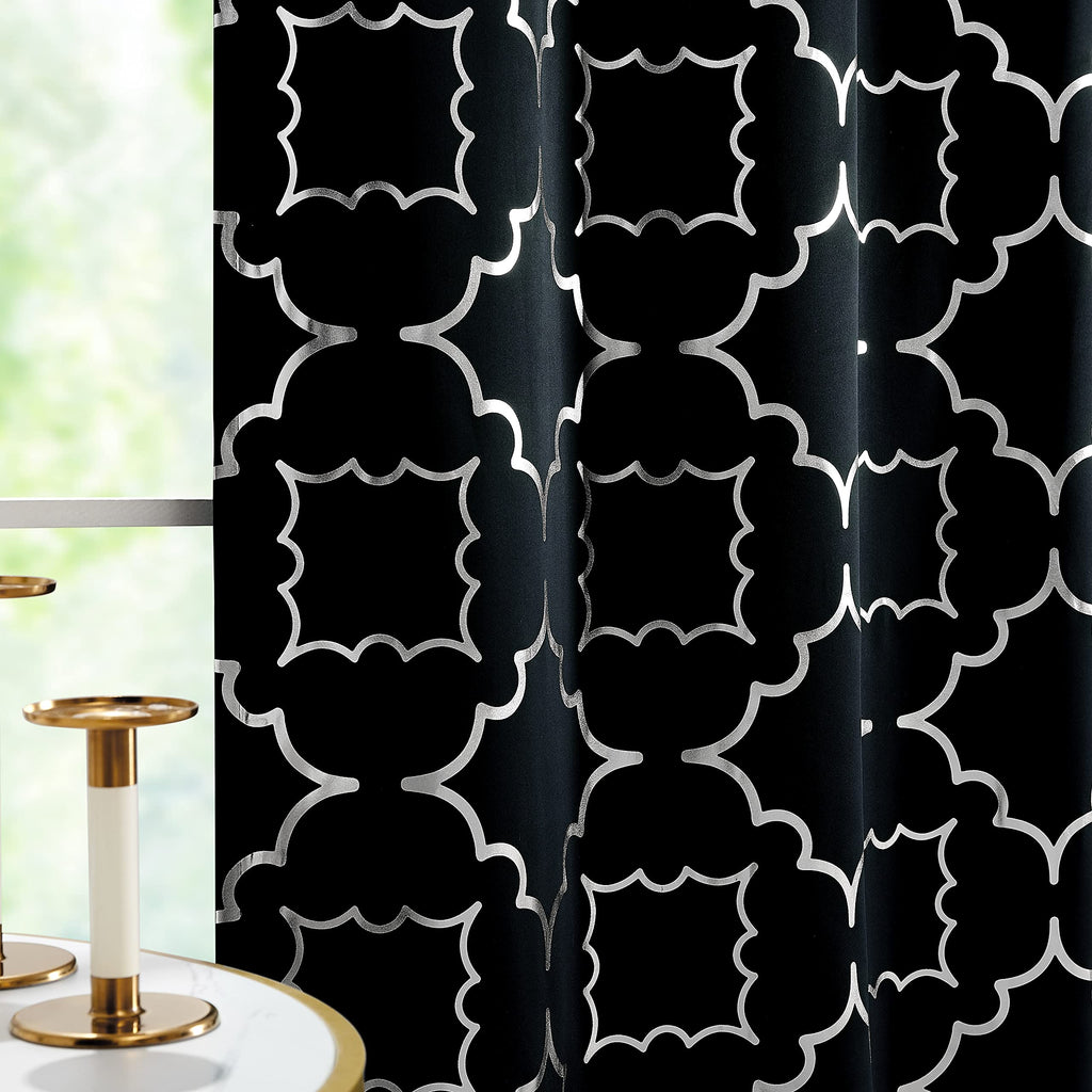 Purainbow Black Blackout Curtain Panels For Bedroom 84' Silver Foil Moroccan Metallic Print Energy Efficient Drapes For Bedroom