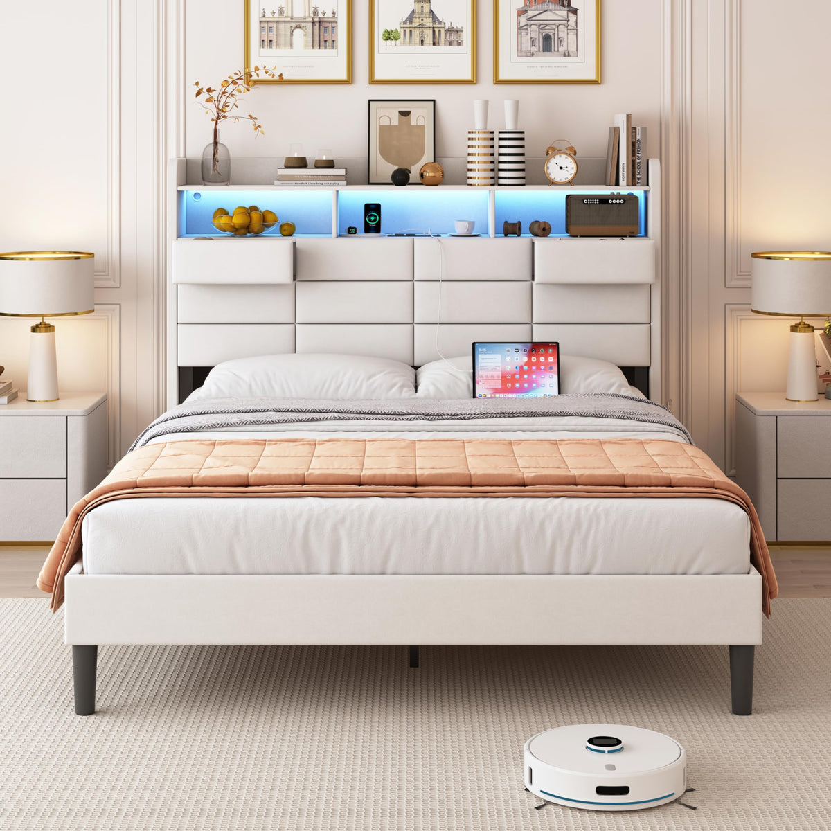 Etditrnp Led Bed Frame Full Size With Storage Headboard, 2 Hidden Drawers And Charging Station, Velvet Bed Frames With Led Light