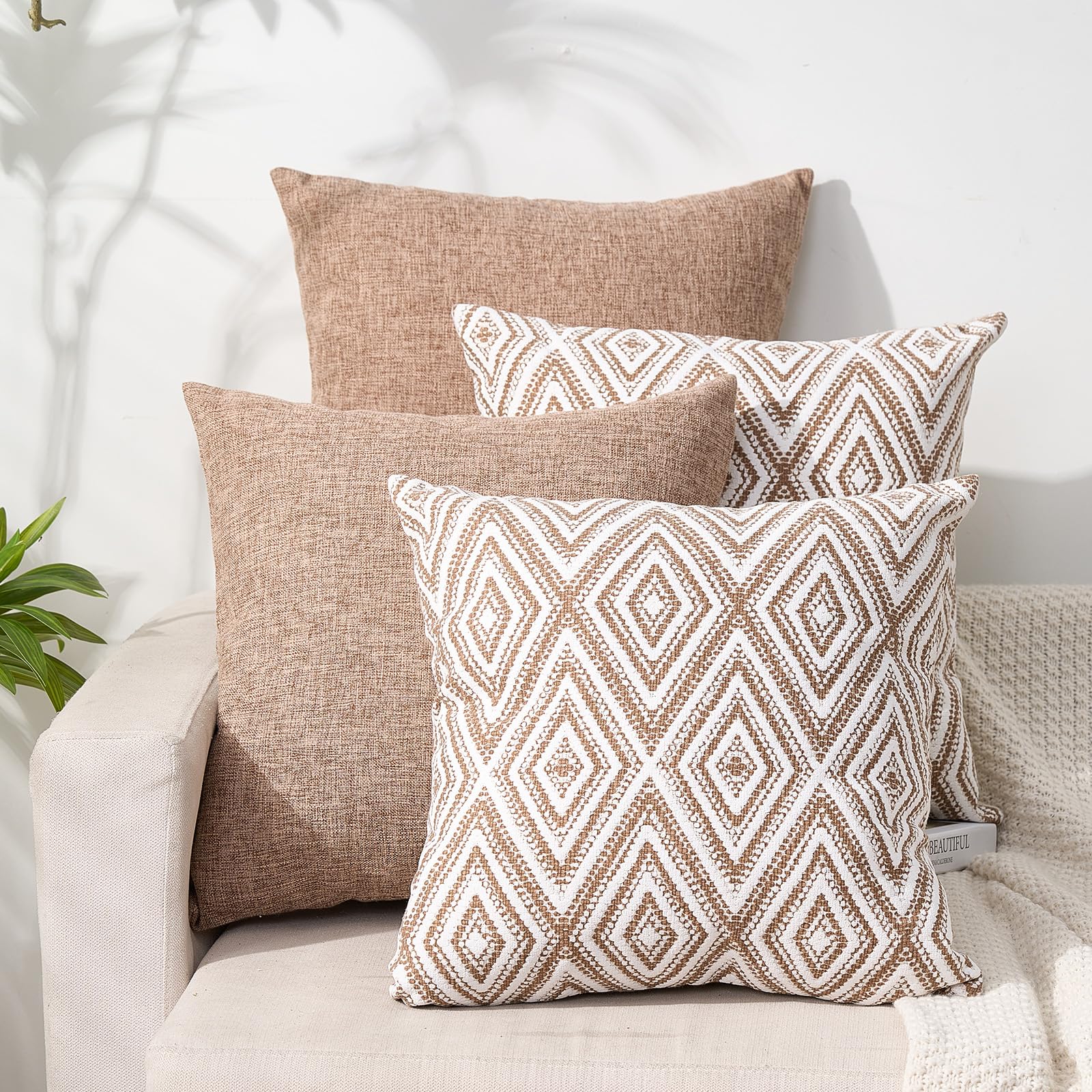 Hpuk Decorative Throw Pillow Covers Set Of 4 Geometric Design Linen Cushion Cover For Couch Sofa Living Room, 20'X20' Inches, Light Brown