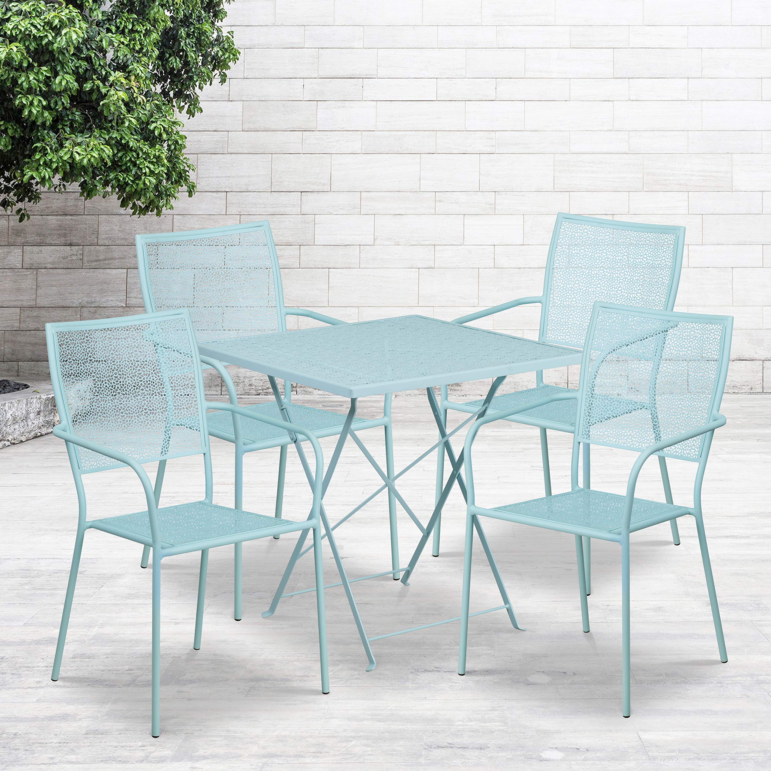 Flash Furniture Commercial Grade 28" Square Sky Blue Indoor-Outdoor Steel Folding Patio Table Set with 4 Square Back Chairs