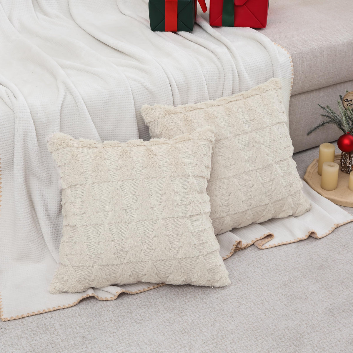 Tosleo Beige Christmas Throw Pillow Cover 18 X 18 Inch Set Of 2 Multiple Christmas Tree Pillow Case Soft Fur Fuzzy Cute Decor Pi