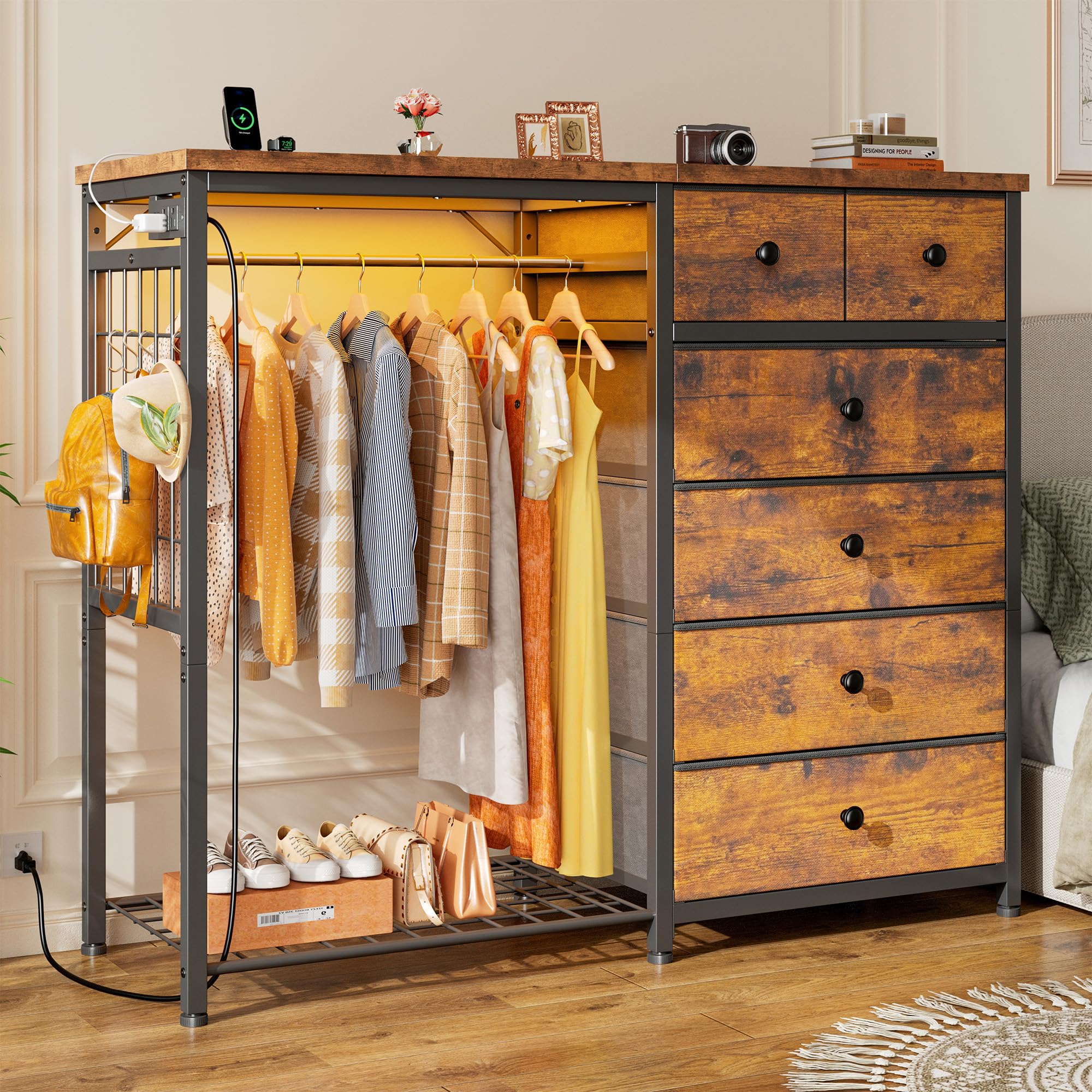 49.2  W Dresser for Bedroom with Hanging Rack 6 Drawers Dresser with LED Lights & Charging Station, Fabric Dressers & Chest of D