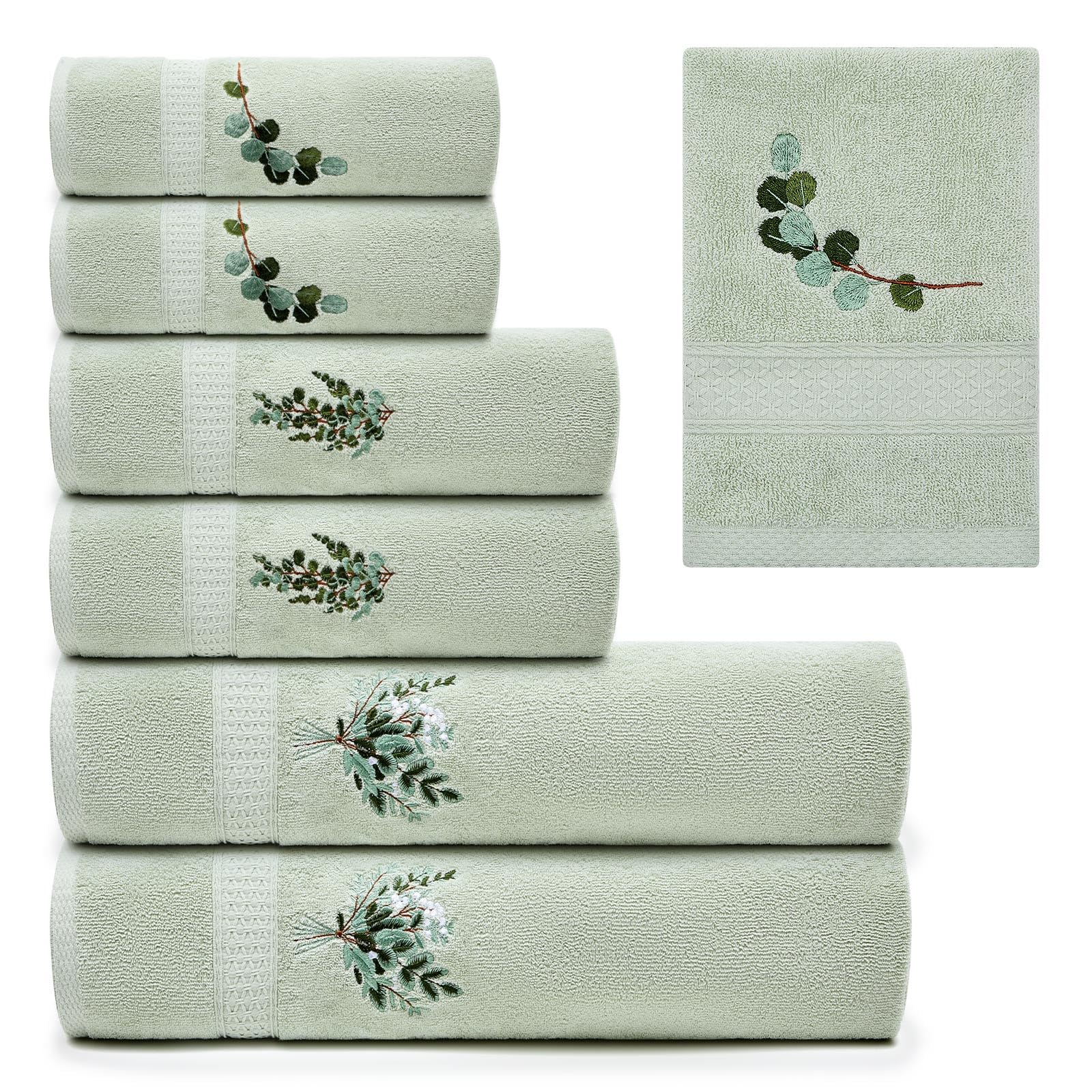 Peryiter 6 Pack Cotton Eucalyptus Bath Towels Set Sage Green Eucalyptus Leaf Towels for Bathroom, Soft and Absorbent, Contains 2