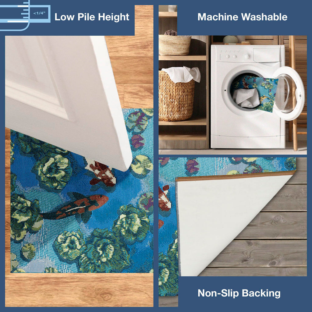 Liora Manne Esencia Machine Washable Non-Slip Low Profile Indoor/Outdoor Mat-Transitional, Whimsical, Fish, Nature, Koi Pond Aqua 2' X 2'10'