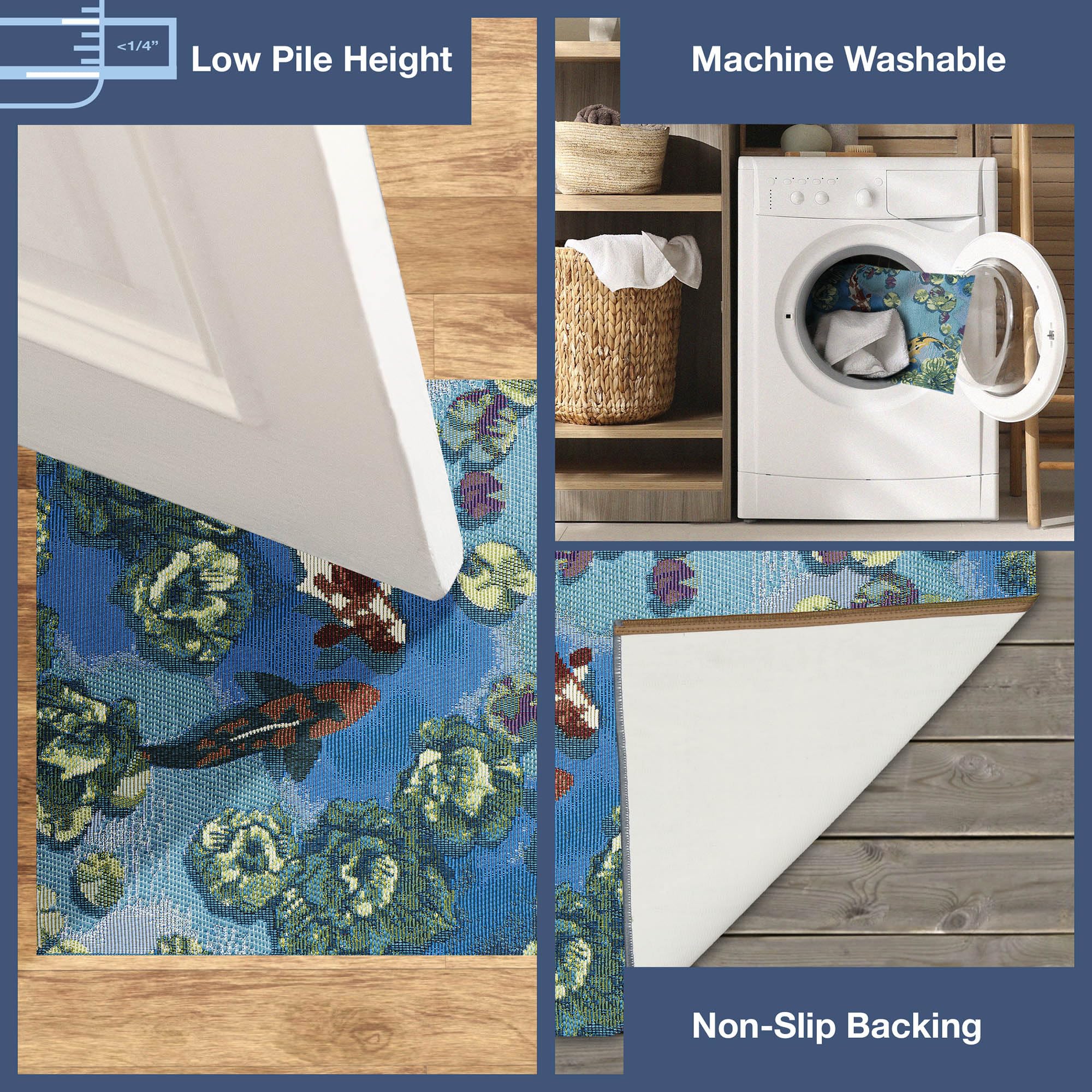 Liora Manne Esencia Machine Washable Non-Slip Low Profile Indoor/Outdoor Mat-Transitional, Whimsical, Fish, Nature, Koi Pond Aqua 2' X 2'10'