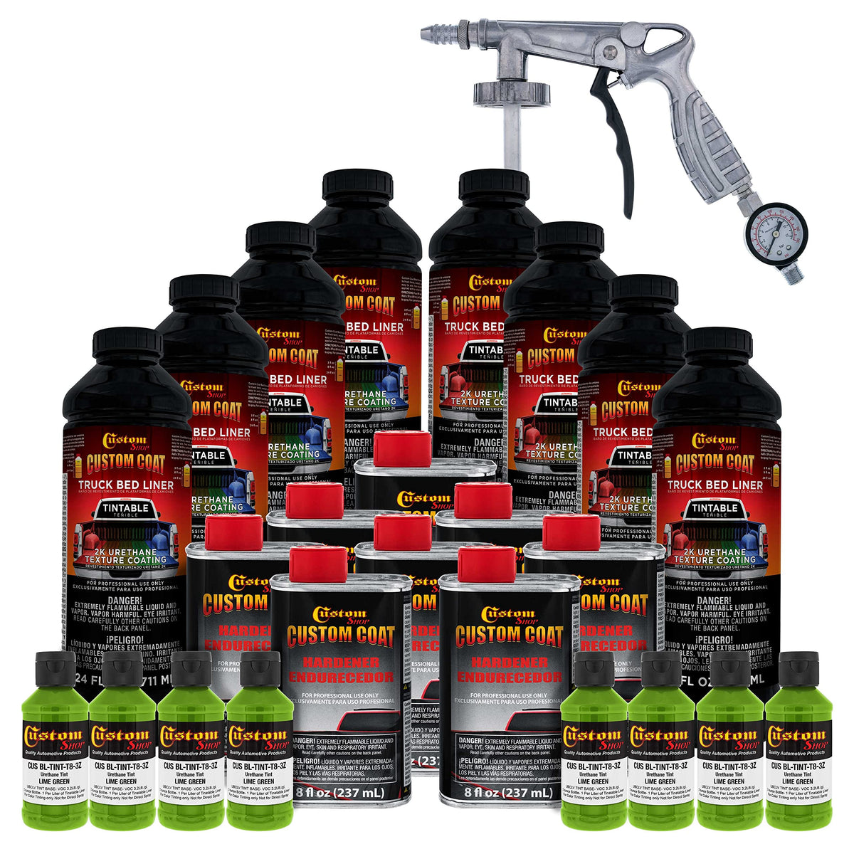 Custom Coat Lime Green 2 Gallon (8 Quart) Urethane Spray-On Truck Bed Liner Kit With Spray Gun And Regulator - Easy Mixing, Shak