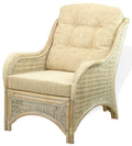 Jam Lounge Living Accent Armchair Natural Rattan Wicker Handmade Design with Cream Cushion, White Wash
