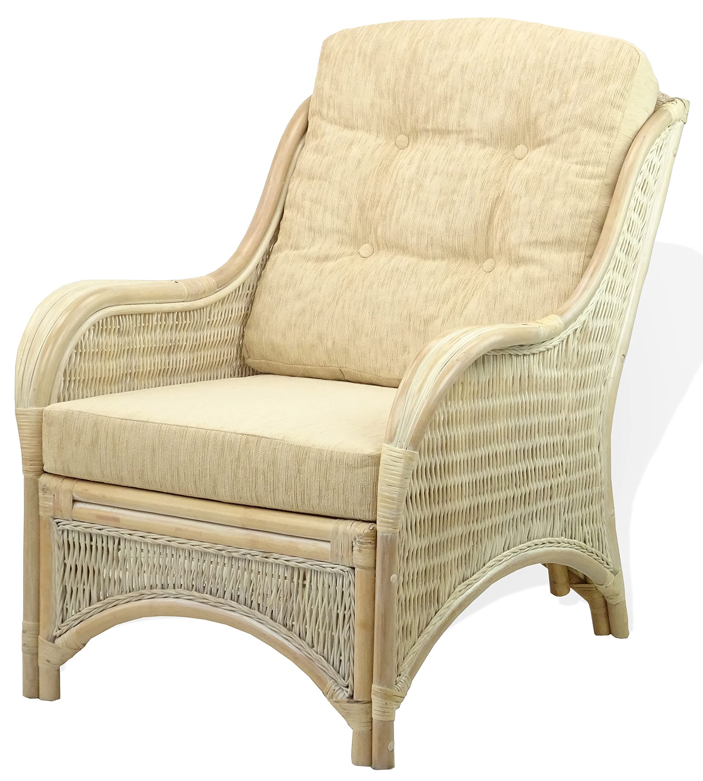 Jam Lounge Living Accent Armchair Natural Rattan Wicker Handmade Design with Cream Cushion, White Wash