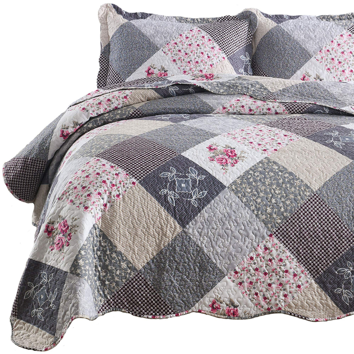 Enjohos King Size Quilt Bedding Set Grey Quilt Sets Bedspread Reversible Patchwork Floral Coverlet Set, Lightweight Country Quil