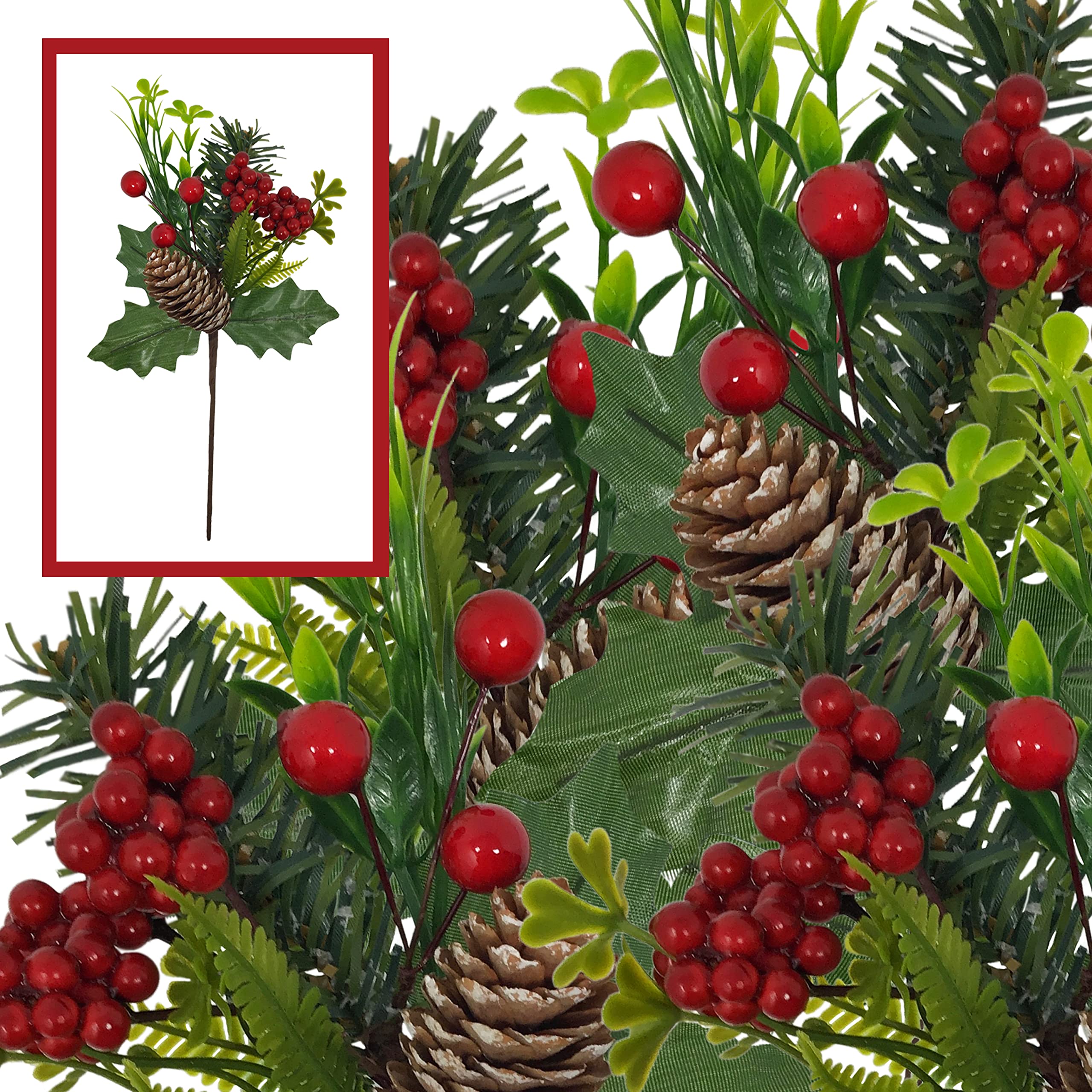 BANBERRY DESIGNS Holiday Christmas Berry Picks - 10 Pieces - Flexible Greenery Snow Tipped Pinecone Red Berries 9 L