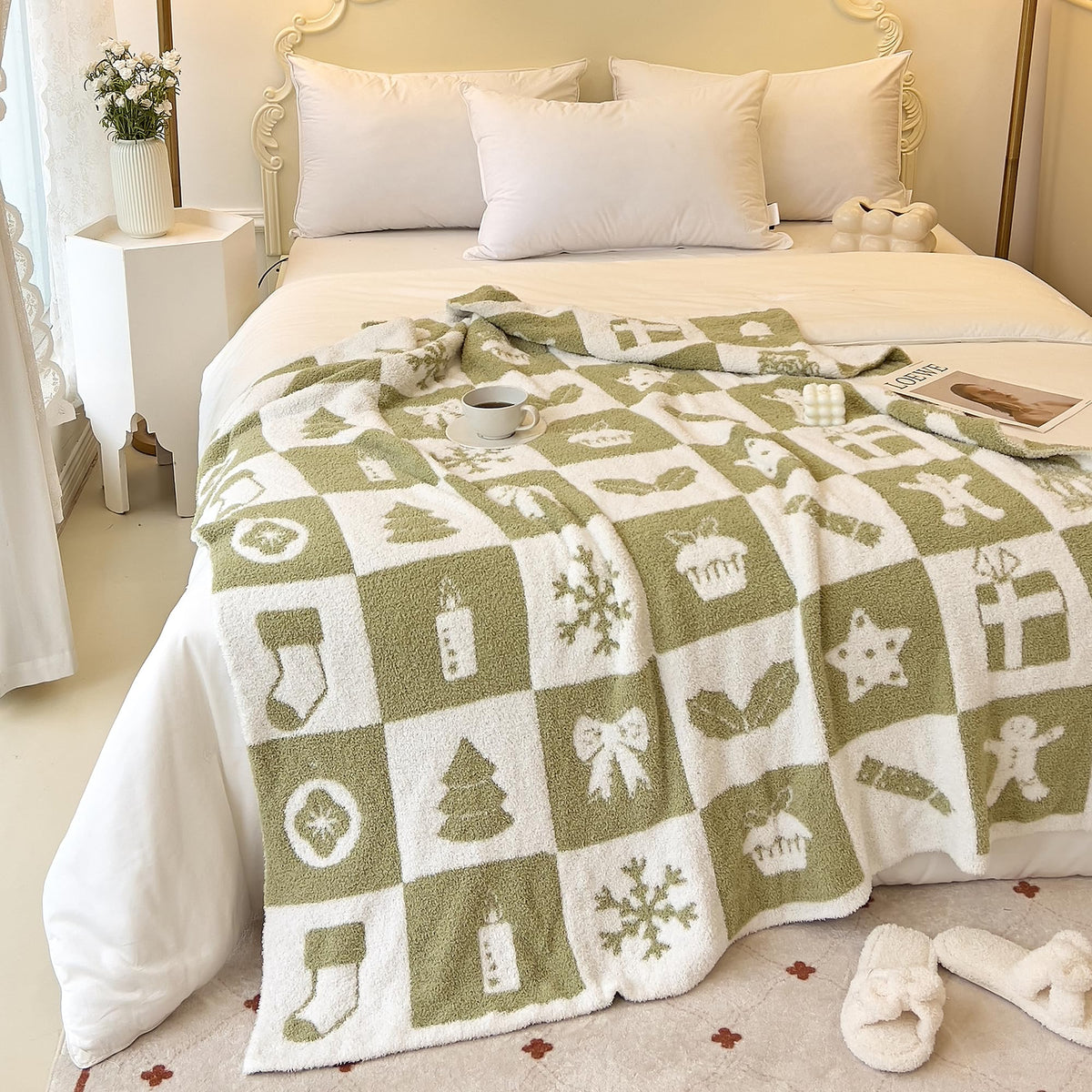 Ultra Cozy Sage Green Christmas Throw Blanket Microfiber Polyester Checkerboard Pattern Blanket Knitted Chessboard Gingham Check