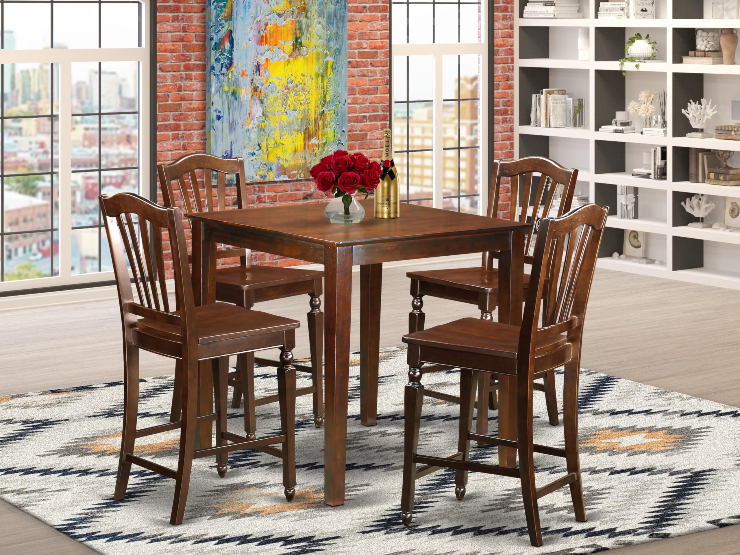 East West Furniture VNCH5-MAH-W 5 Piece Counter Height Dining Set Includes a Square Kitchen Table and 4 Dining Room Chairs, 36x36 Inch, Mahogany