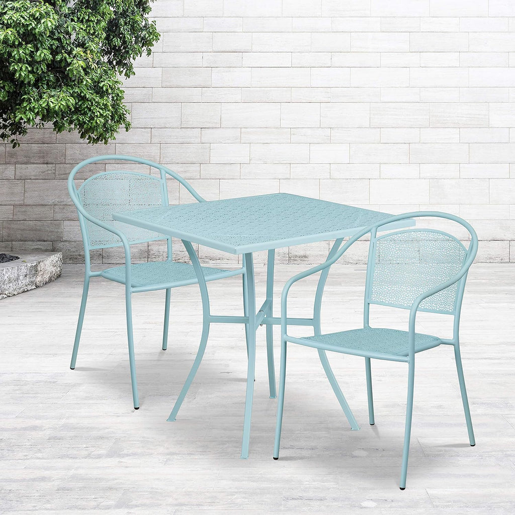 Commercial Grade 35.25 Round Sky Blue Indoor-Outdoor Steel Patio Table Set with 2 Square Back Chairs