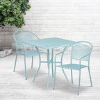 Commercial Grade 35.25 Round Sky Blue Indoor-Outdoor Steel Patio Table Set with 2 Square Back Chairs