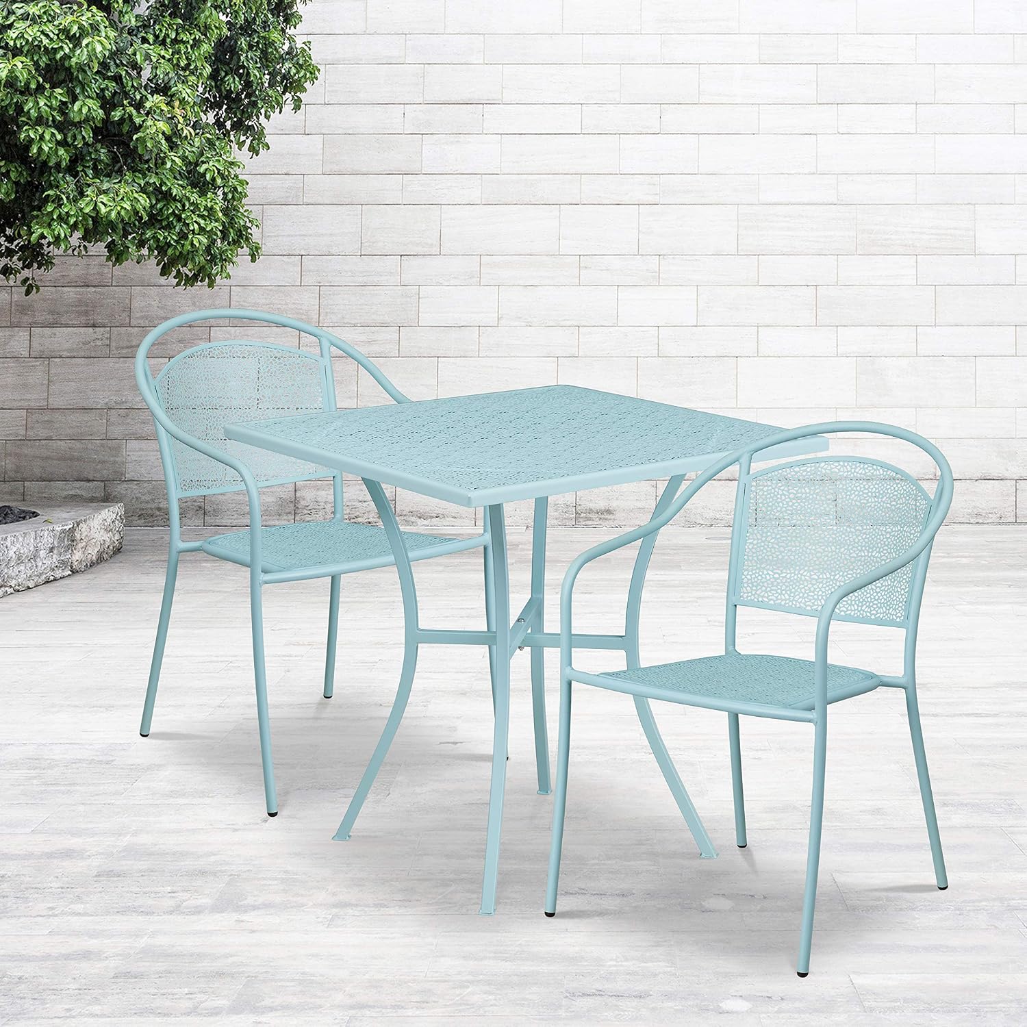 Commercial Grade 35.25 Round Sky Blue Indoor-Outdoor Steel Patio Table Set with 2 Square Back Chairs