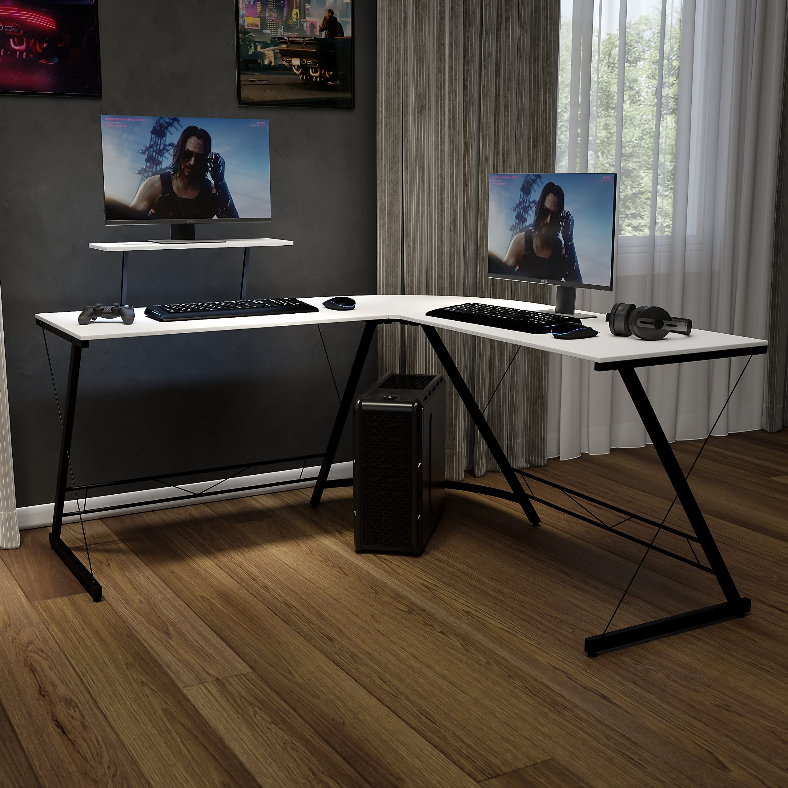 Flash Furniture Ginny Corner Desk - White/Black Space Saving L-Shaped Gaming Desk with Monitor Shelf - 71.5" 2-Tier Computer Desk, Home Office Desk, Easy Assembly