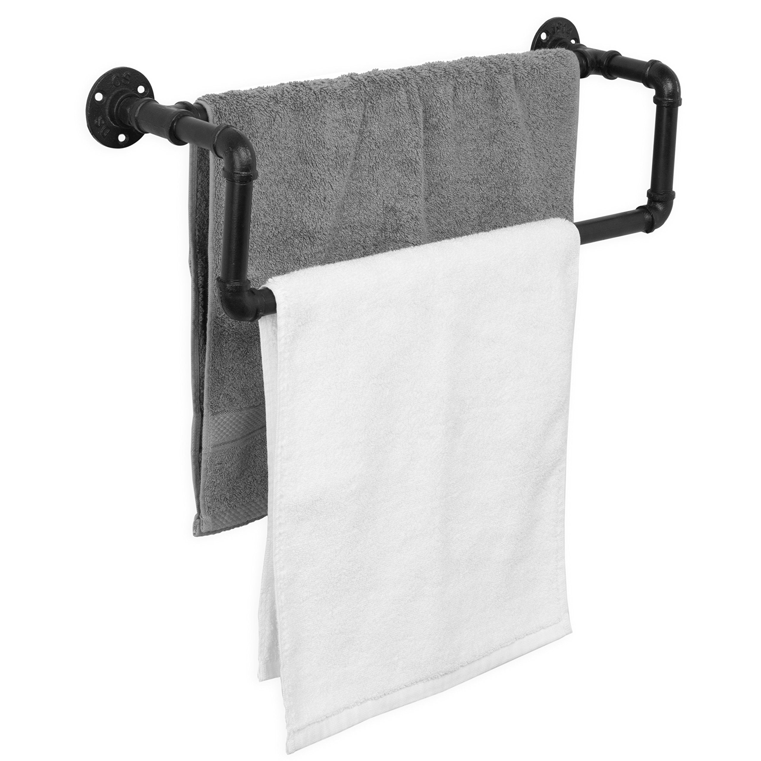 MyGift Industrial Metal Matte Black Towel Bar with Realistic Pipe Design, 2 Tier Wall Mount Bathroom Fixtures Bath Towel Rack