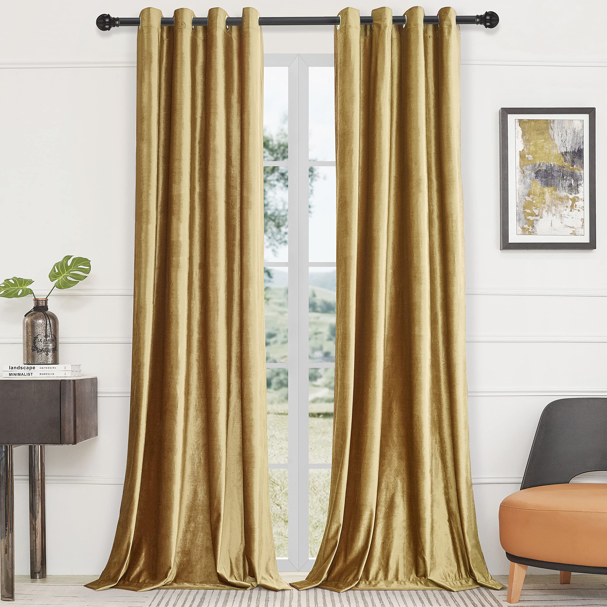 Bulbul Velvet Gold Curtains 84 Inch Length- Living Room Blackout Thermal Window Drapes Darkening Decor Grommet Curtains For Bedr