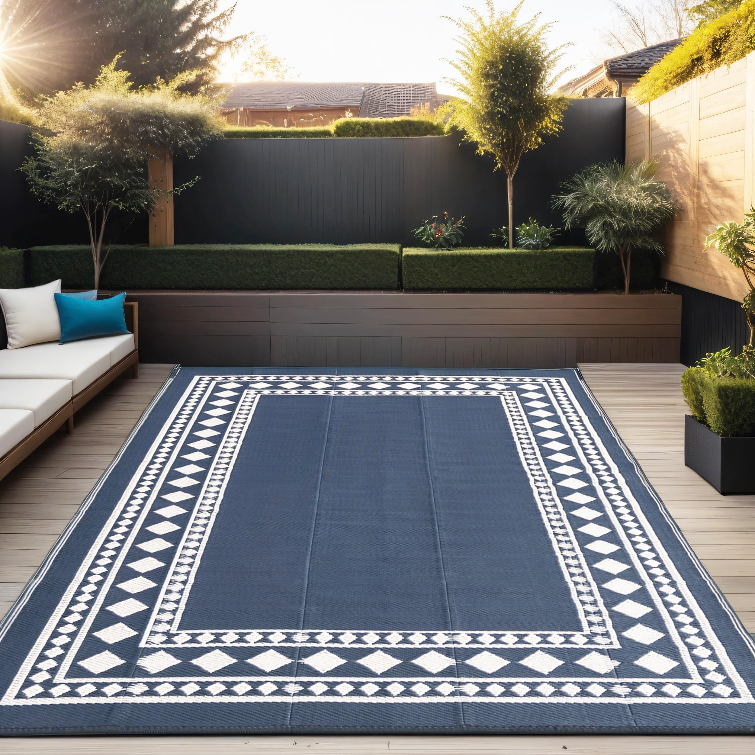 Rurality Outdoor Rugs 6X9 Waterproof For Patios Clearance,Plastic Straw Mats For Backyard,Porch,Deck,Balcony,Black And Beige