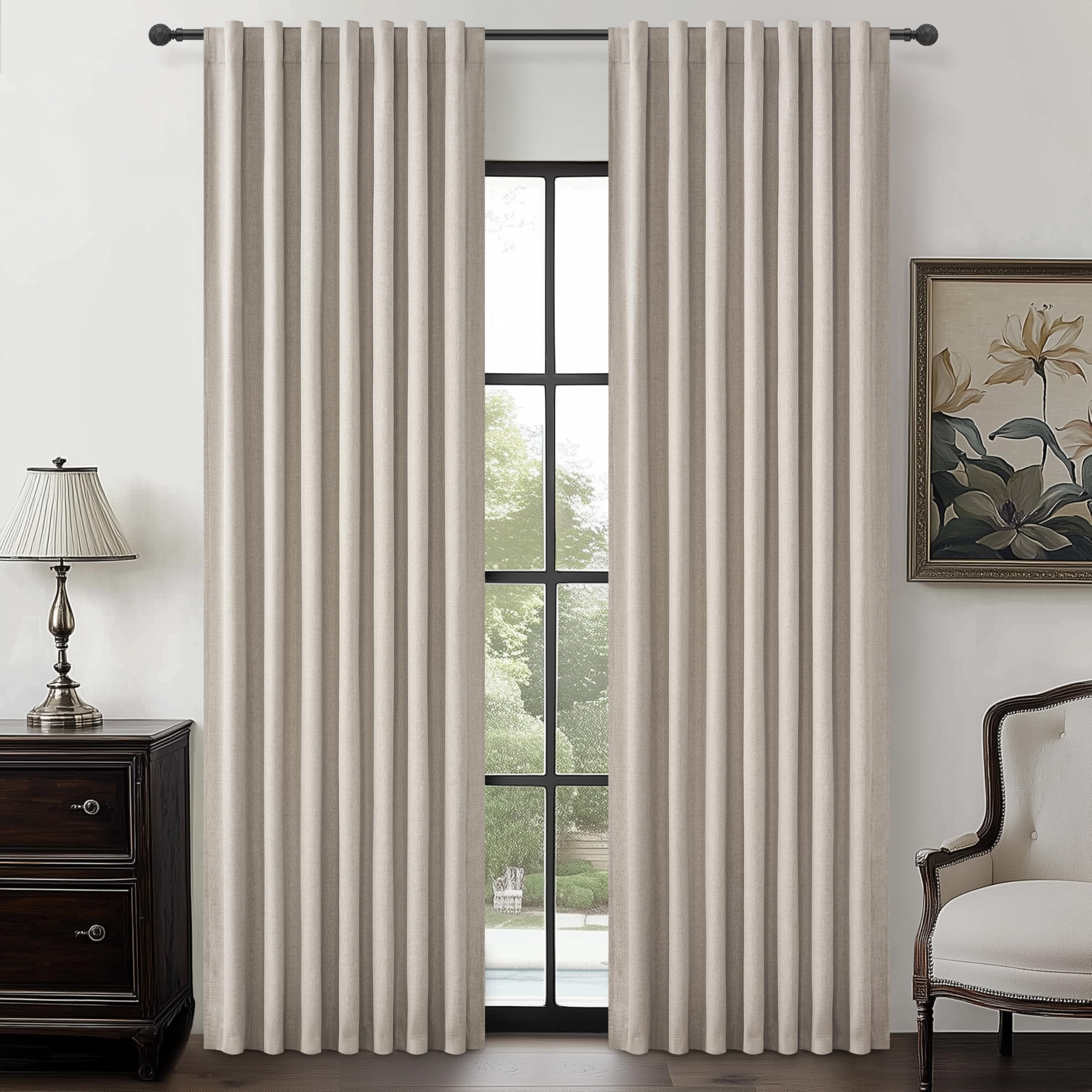 Grey Flax Natural Linen 90 Inch Curtains for Bedroom, Aesthetic Blackout Pleated Burlap Burg Heat Blocking Sound Dampening Windo