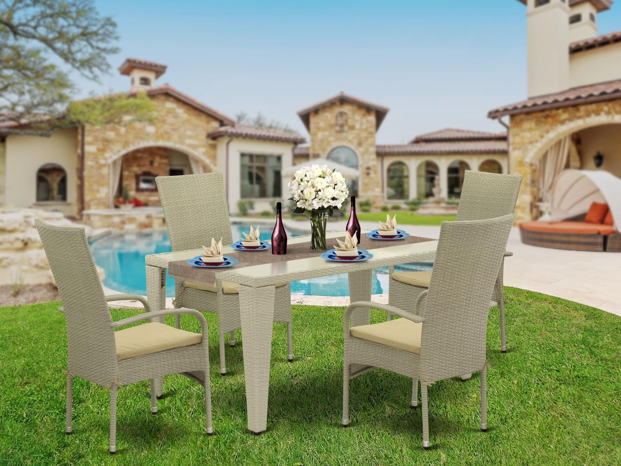 East West Furniture Guos5-03A 5 Piece Outdoor Patio Conversation Sets Includes A Rectangle Wicker Dining Table With Glass Top And 4 Balcony Backyard Armchair With Cushion, 36X60 Inch, Natural Linen