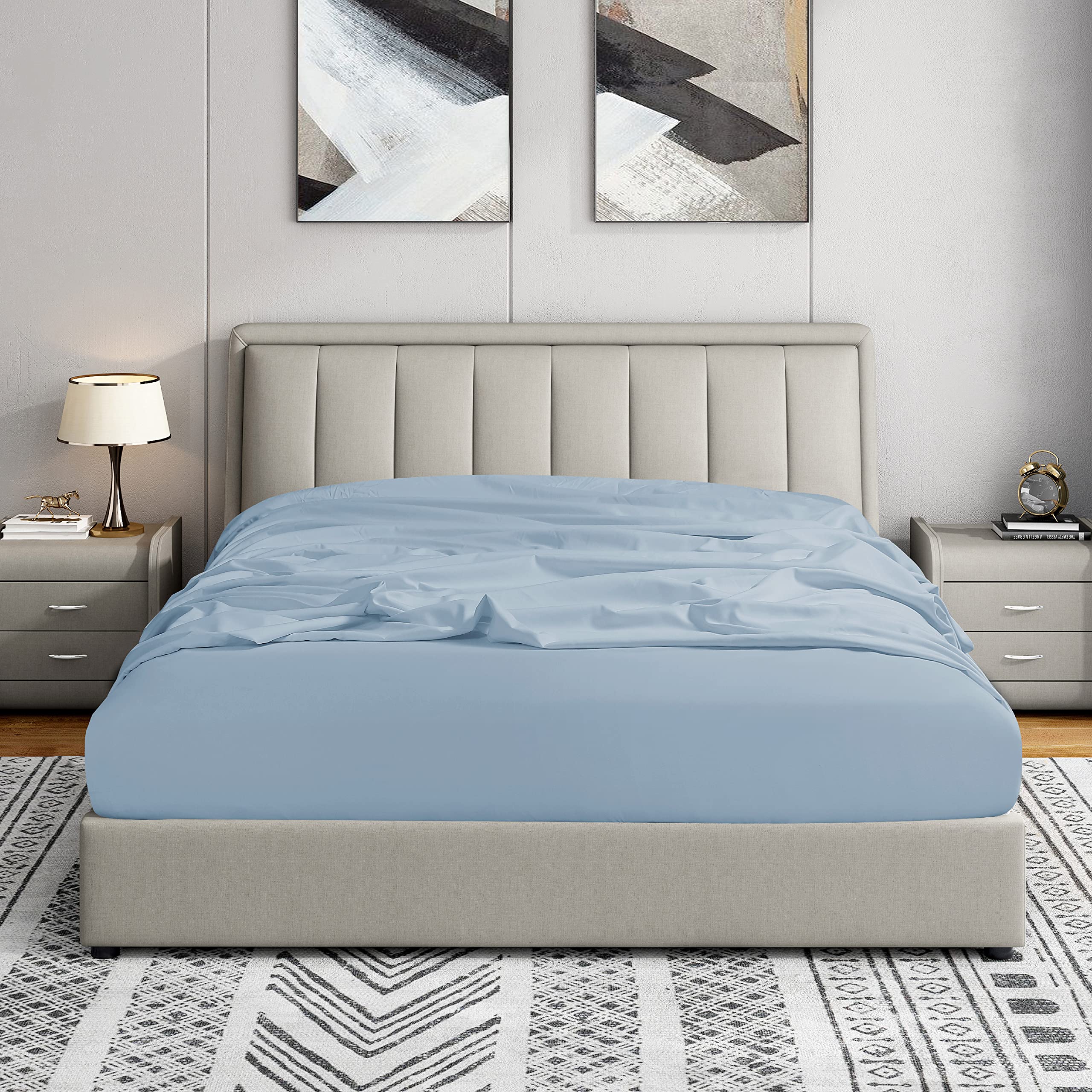 Cathay Home Full Fitted Sheet - Double Brushed Ultra Soft - Wrinkle & Fade Resistant - 21' Extra Deep Pocket Fitted Sheet Only - Good Fit For 19'-23' Deep Mattress (Full, Blue Fog)