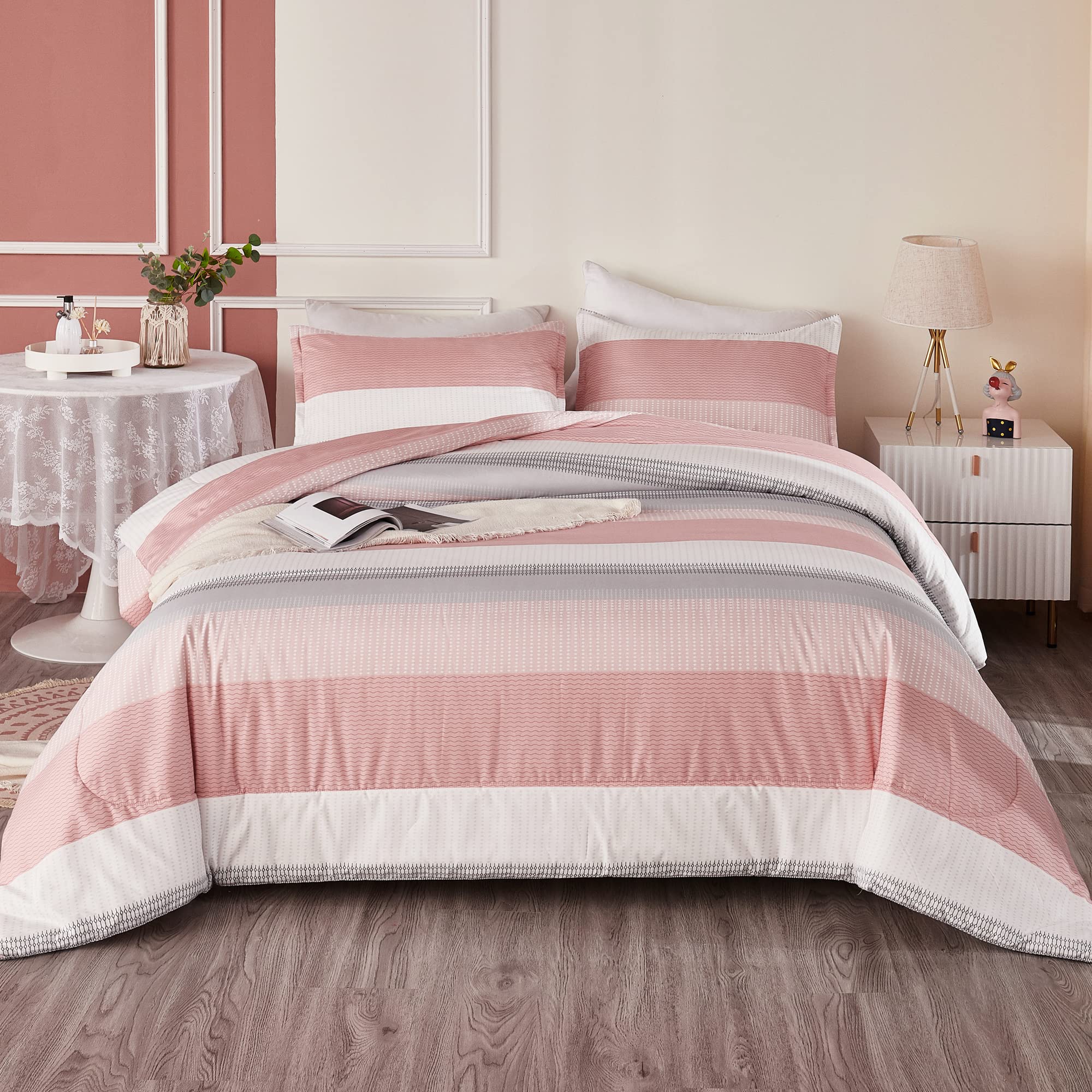 Litanika Pink Full Size Comforter Sets For Girls, 3 Pieces Blush White Colorblock Women Lightweight Bedding Comforter Set