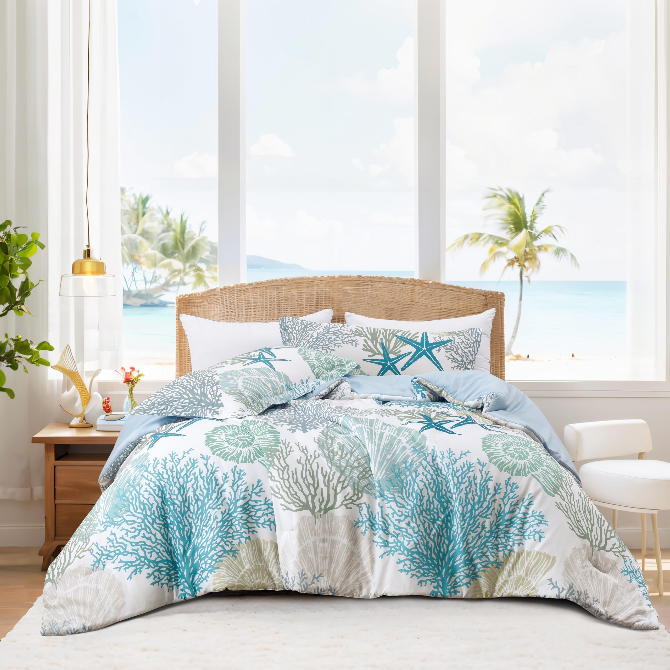 Tritard Coastal Comforter Set Full Size 3 Piece, Soft Beach Themed Comforter, Ocean Nautical Lightweight Bedding Sets For All Se