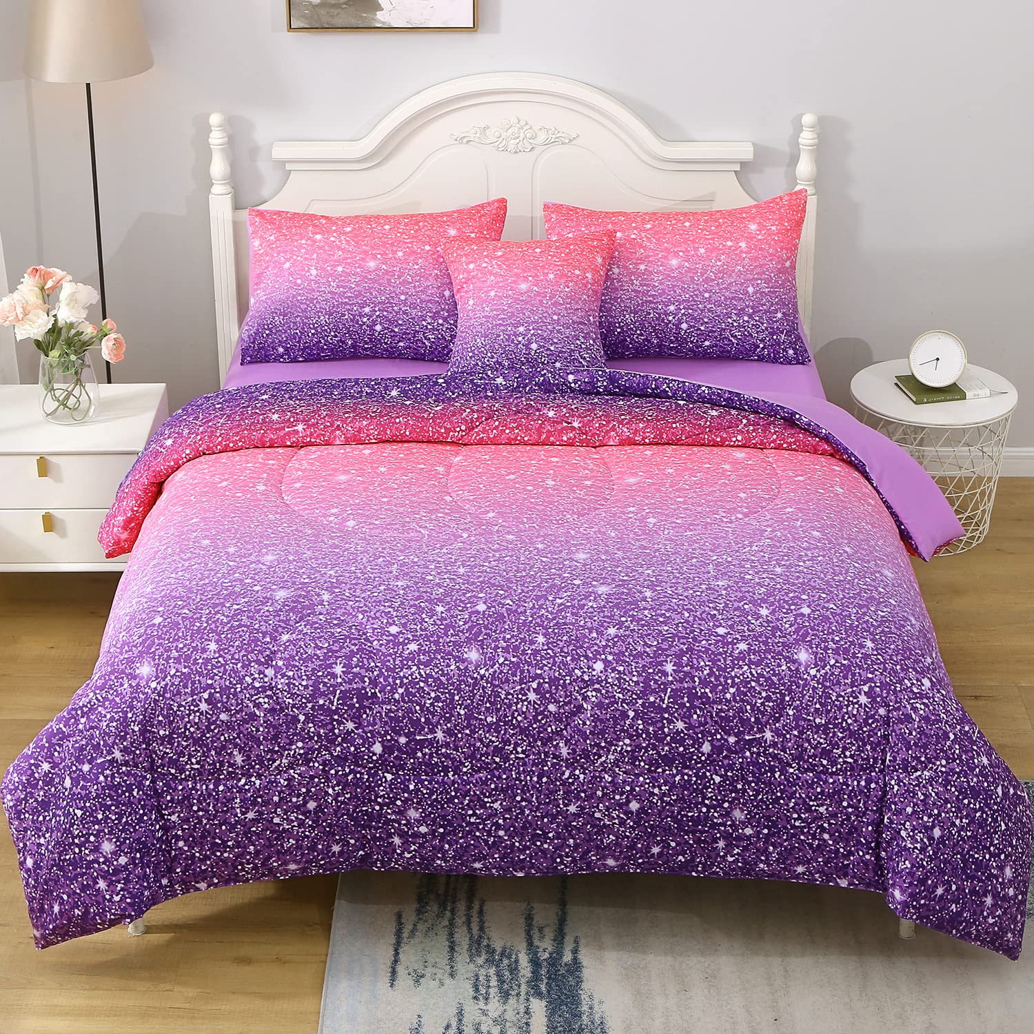 Jqinhome Twin Pink Purple Comforter Set, 6 Piece Bed In A Bag 3D Colorful Bedding Set For Girls Kids (1 Comforter,2 Pillowcases,