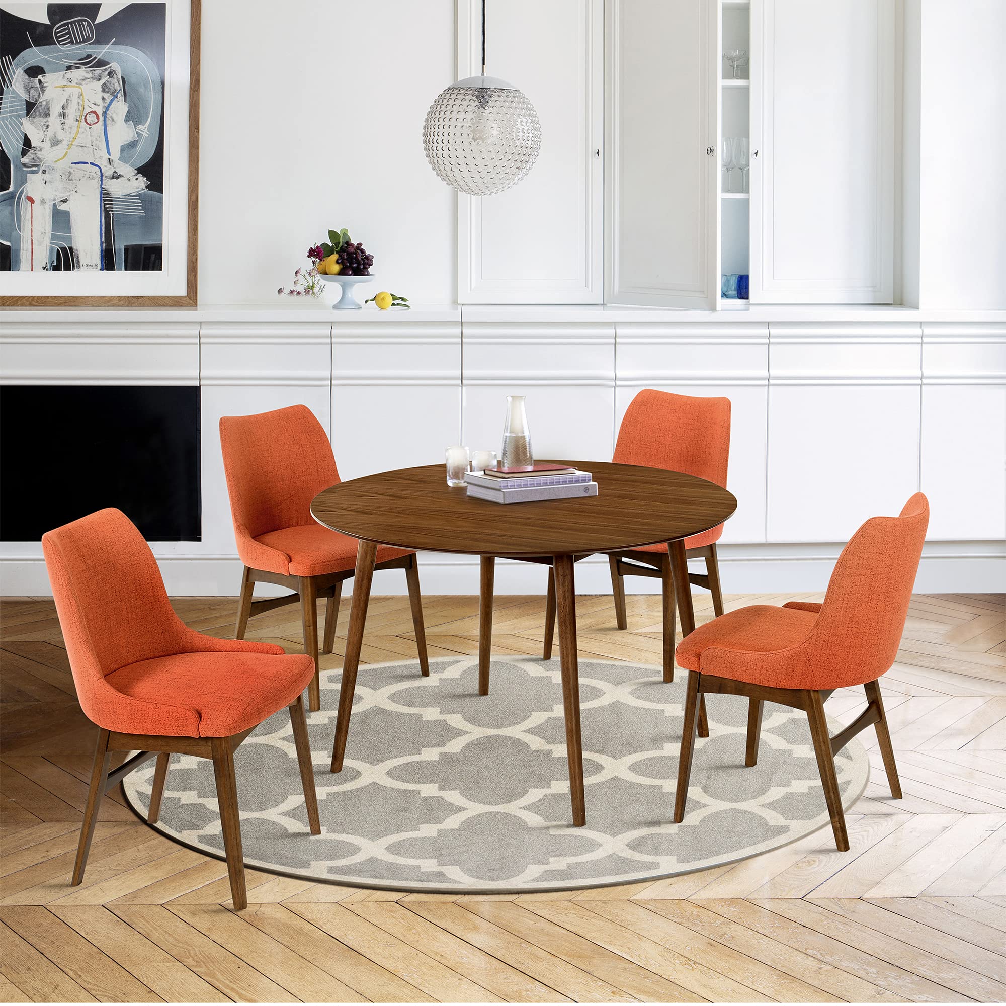 Armen Living Arcadia and Azalea 5 Piece Dining Set, 48'' Round, Orange/Walnut Wood