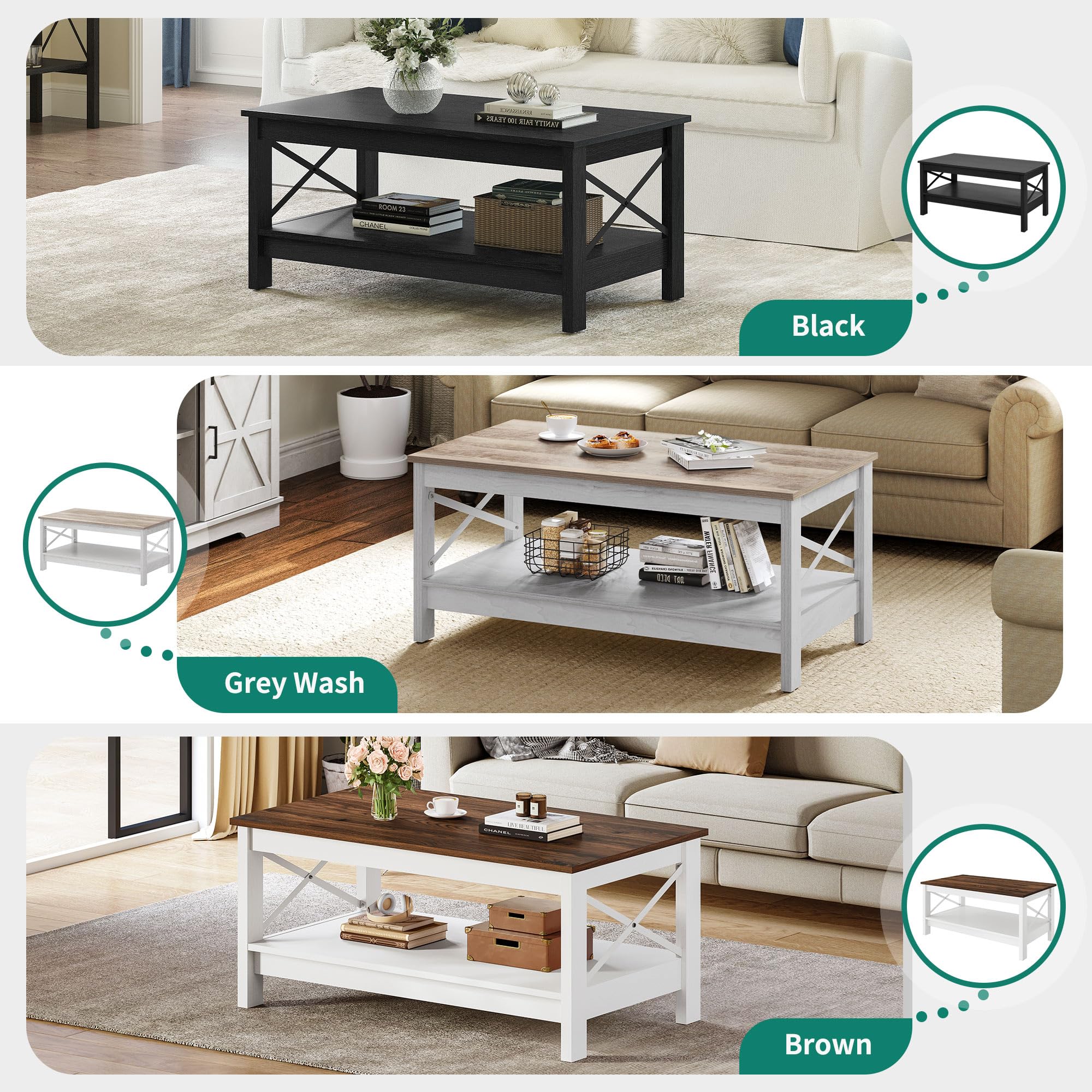 Yitahome Coffee Table For Living Room, Modern Farmhouse Coffee Table With Storage, 2-Tier Center Table For Living Room Wood Living Room Table Accent Cocktail With Sturdy Frame, Black
