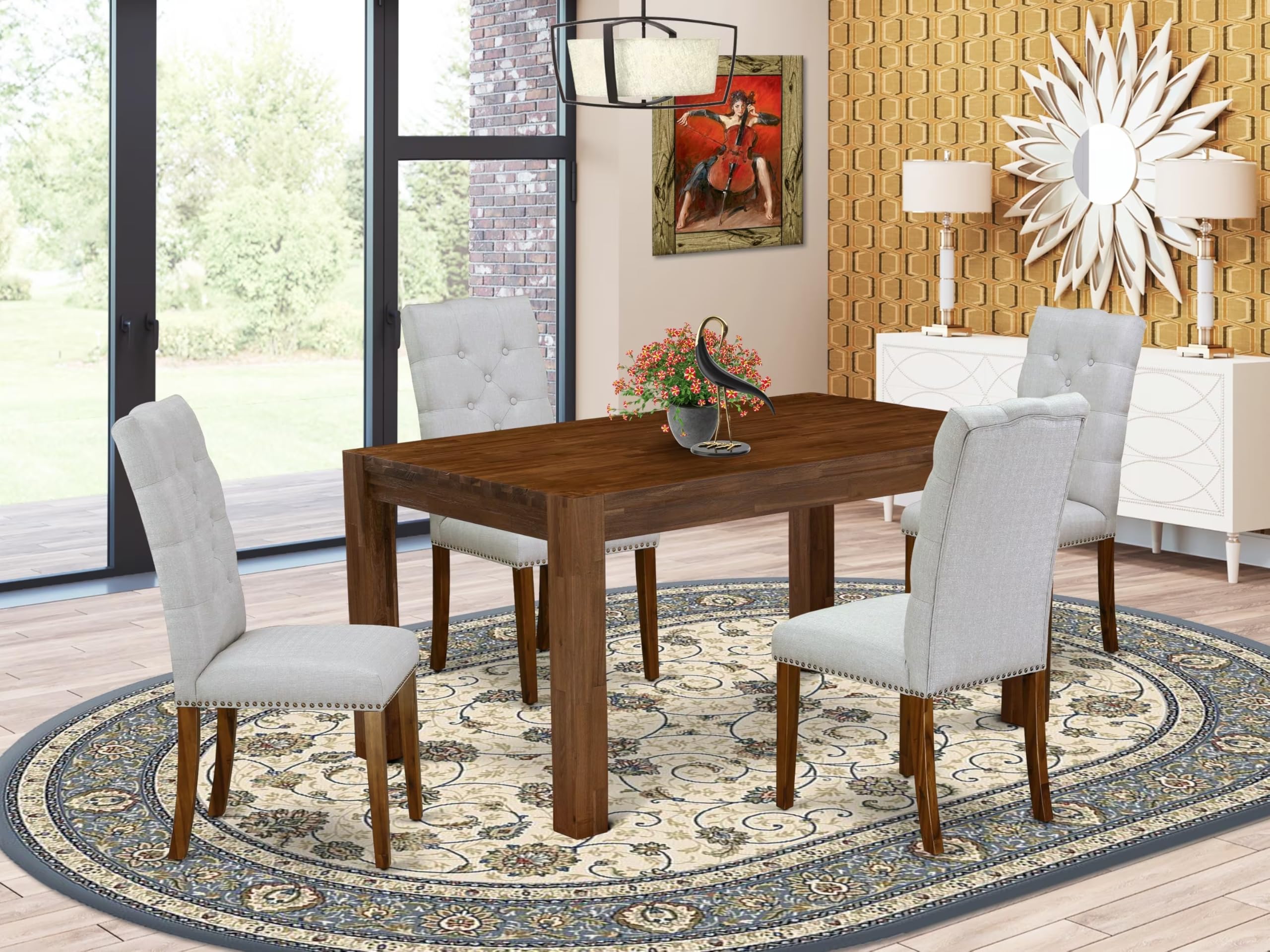 East West Furniture Cnel5-N8-05 5 Piece Dining Room Furniture Set Includes A Rectangle Rustic Wood Dining Table And 4 Grey Linen Fabric Parsons Chairs, 36X60 Inch, Natural