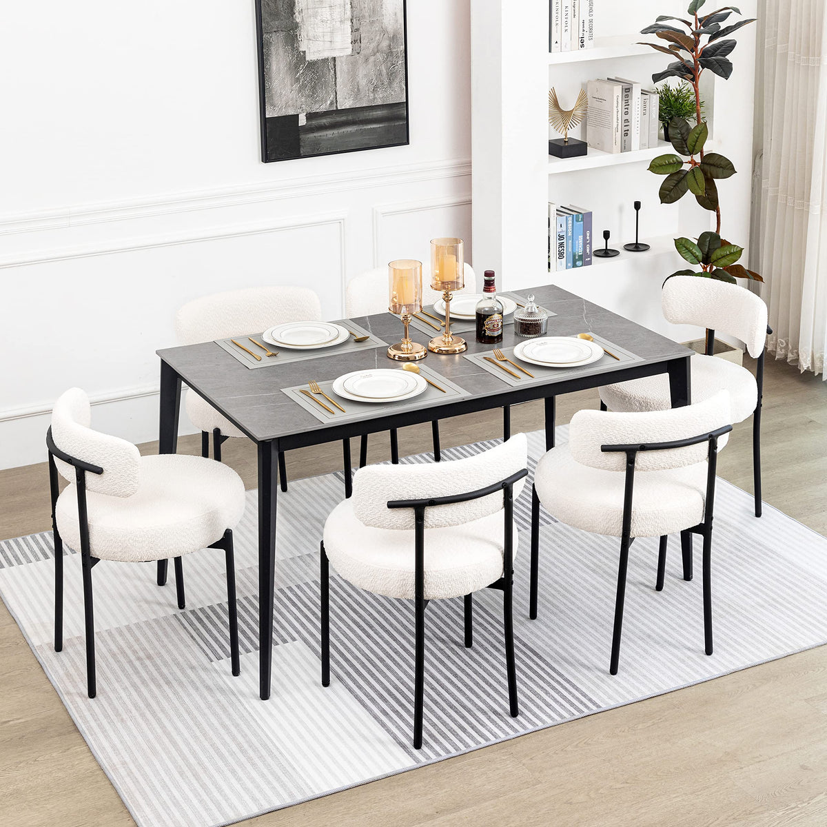 Dyhome White Boucle Dining Chairs Set Of 6, Mid Century Modern Dining Room Chairs With Curved Backrest, Upholstered Kitchen Chai