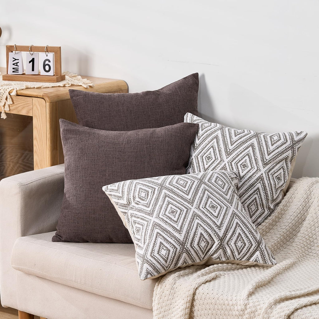 Hpuk Decorative Throw Pillow Covers Set Of 4 Dark Gray Geometric Design Linen Cushion Cover For Couch Sofa Living Room, 18'X18', Natural