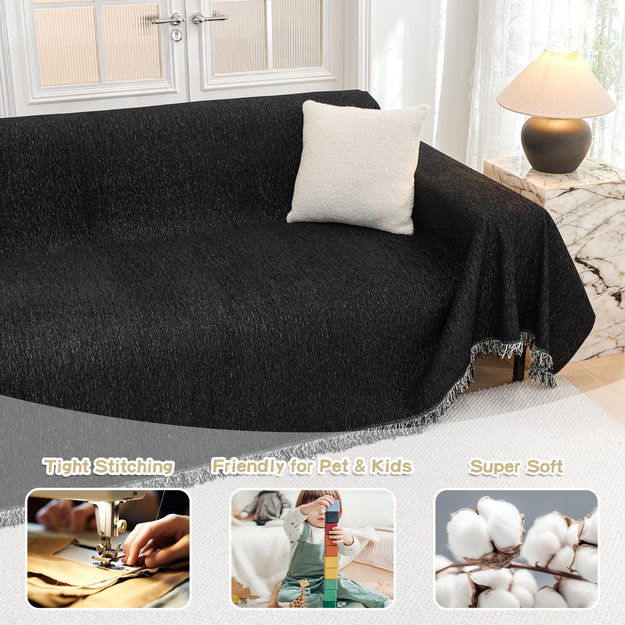 Mysky Home Black Chenille Sofa Slipcover Couch Covers For Sectional L Shaped Couch Pets Protector Furniture Covers Futon Cover S