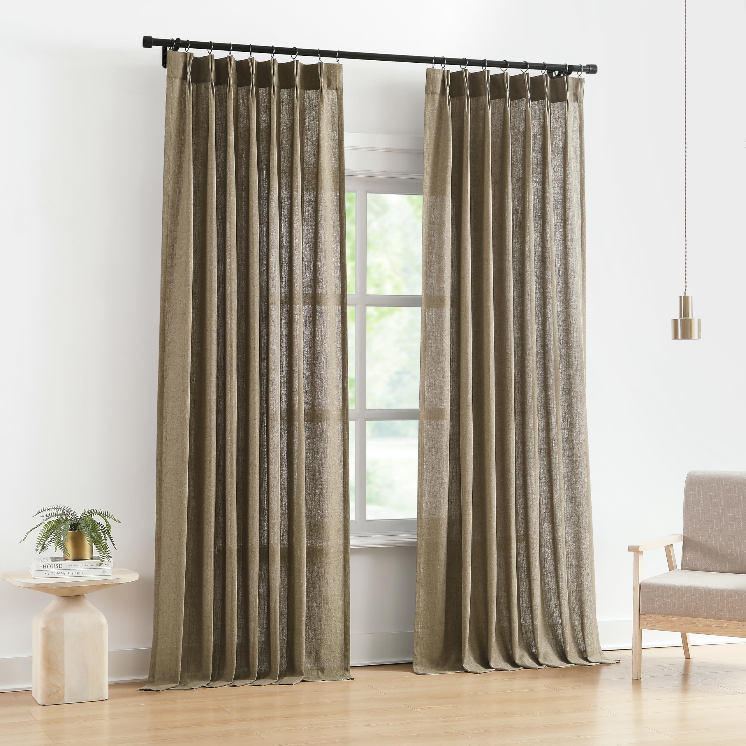 Vision Home Brown Pinch Pleated Semi Sheer Curtains Textured Linen Blended Light Filtering Window Curtains 84 Inch For Living Ro