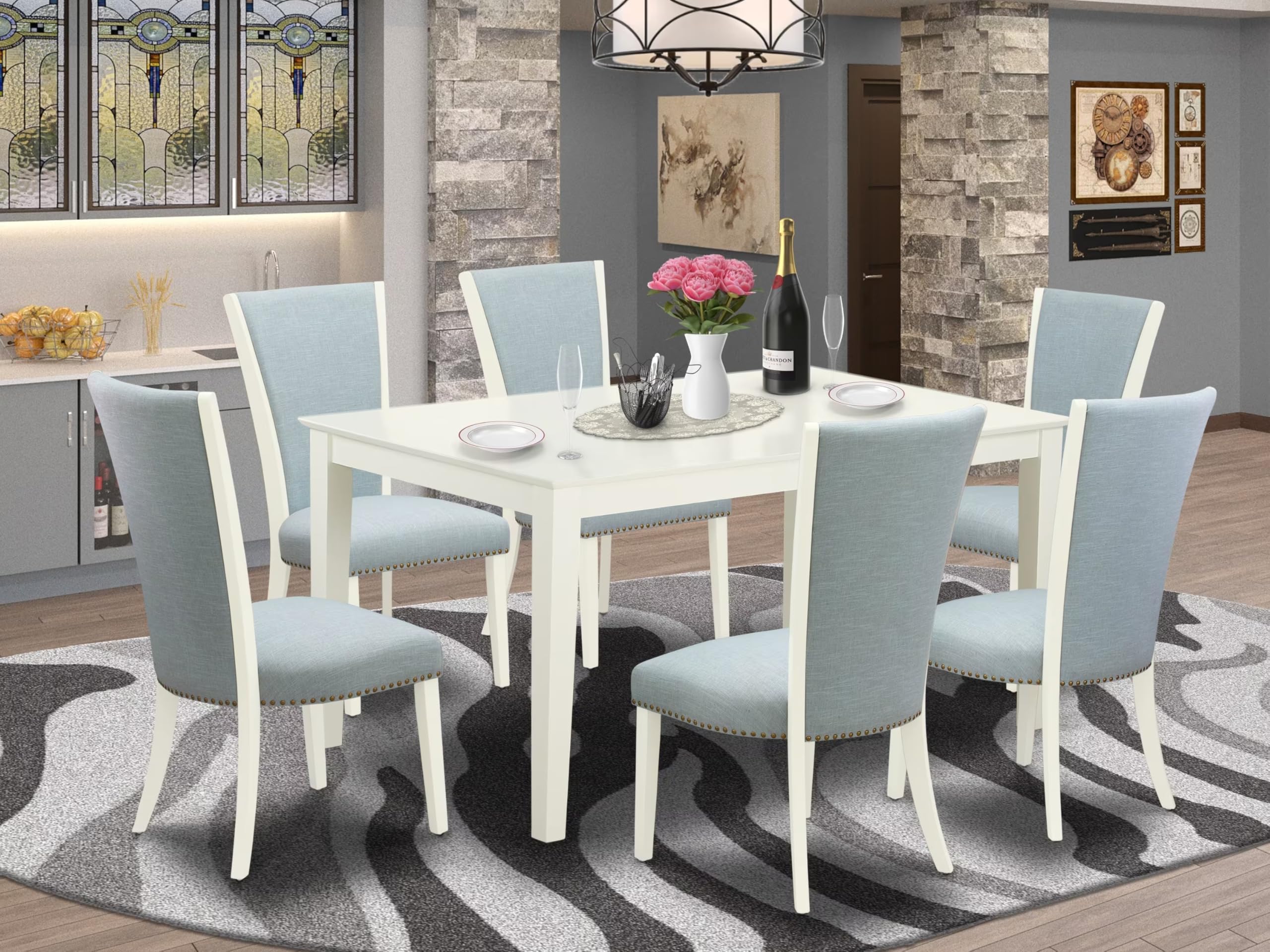 East West Furniture Cave7-Lwh-15 7 Piece Kitchen Table & Chairs Set Consist Of A Rectangle Dining Room Table And 6 Baby Blue Linen Fabric Parsons Dining Chairs, 36X60 Inch, Linen White