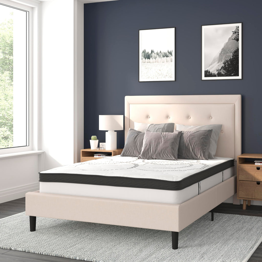 Flash Furniture Roxbury Full Size Tufted Upholstered Platform Bed In Beige Fabric With 10 Inch Certipur-Us Certified Pocket Spring Mattress