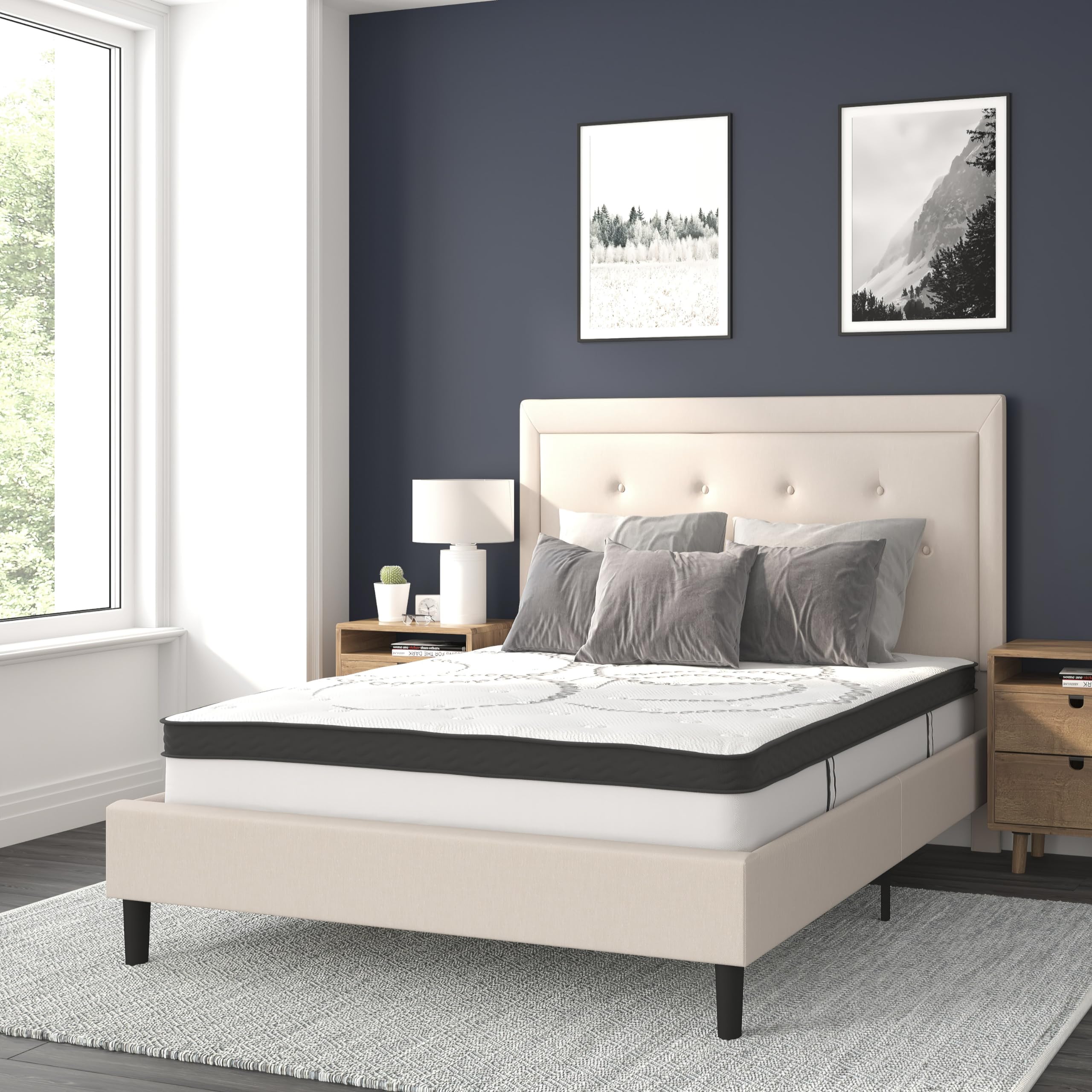 Flash Furniture Roxbury Full Size Tufted Upholstered Platform Bed In Beige Fabric With 10 Inch Certipur-Us Certified Pocket Spring Mattress