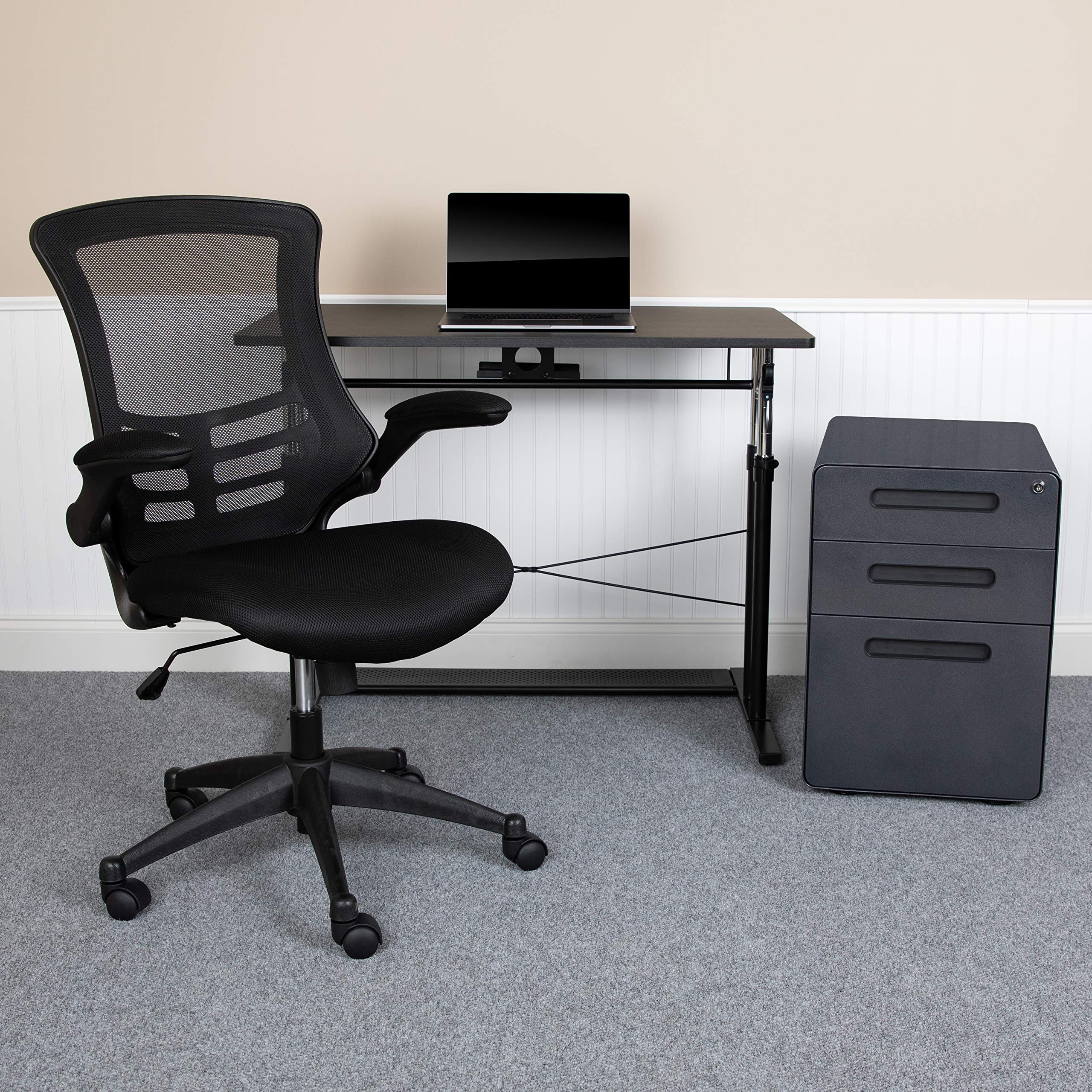 Flash Furniture Work From Home Kit - Adjustable Computer Desk, Ergonomic Mesh Office Chair And Locking Mobile Filing Cabinet With Inset Handles