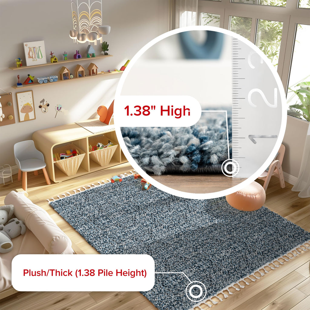 Nuloom Brooke Shag Tasseled Area Rug - 3X5 Accent Shag Rug Casual Blue/Ivory Rugs For Living Room Bedroom Dining Room Nursery En