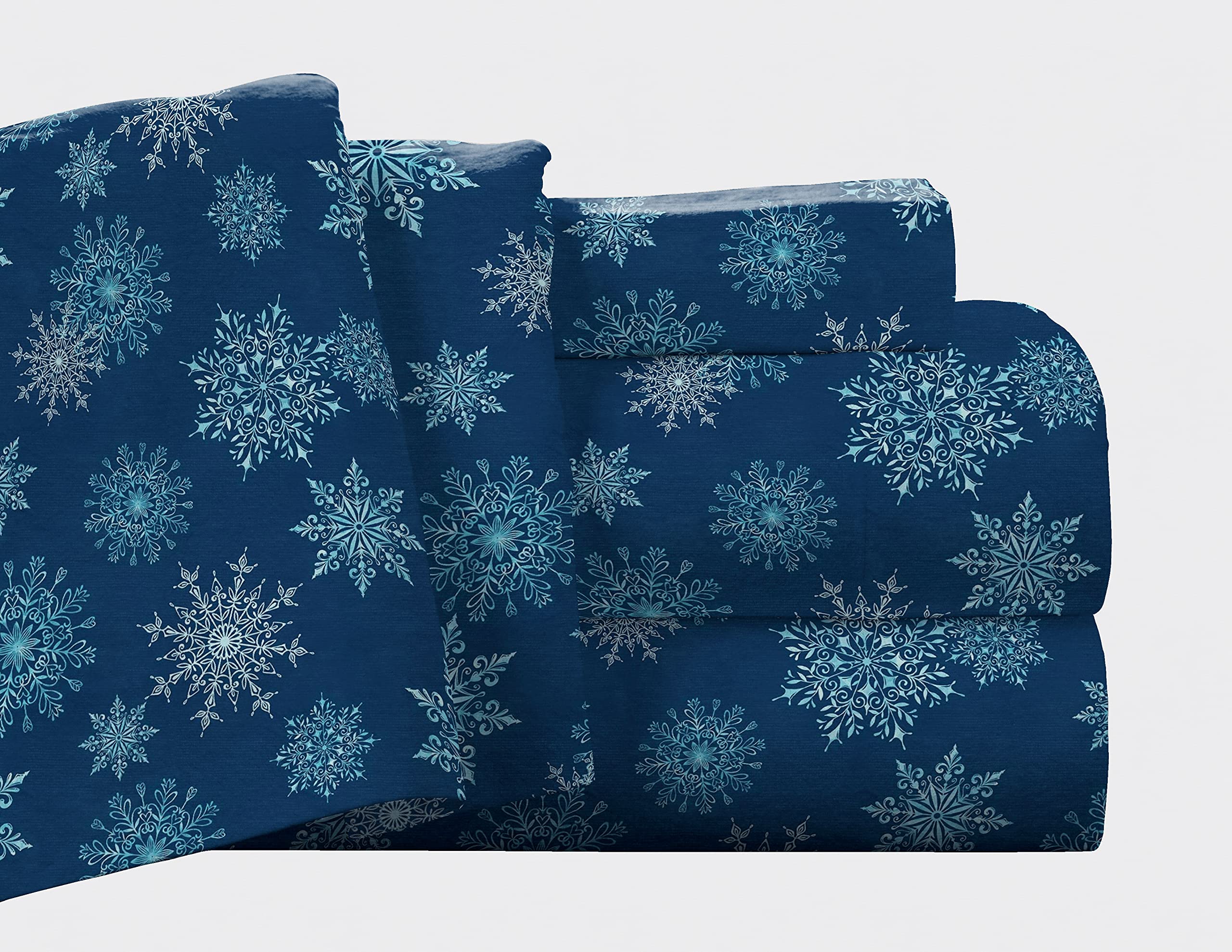 Pointehaven Flannel Deep Pocket Set With Oversized Flat Sheet, Twin, Snow Flakes Navy
