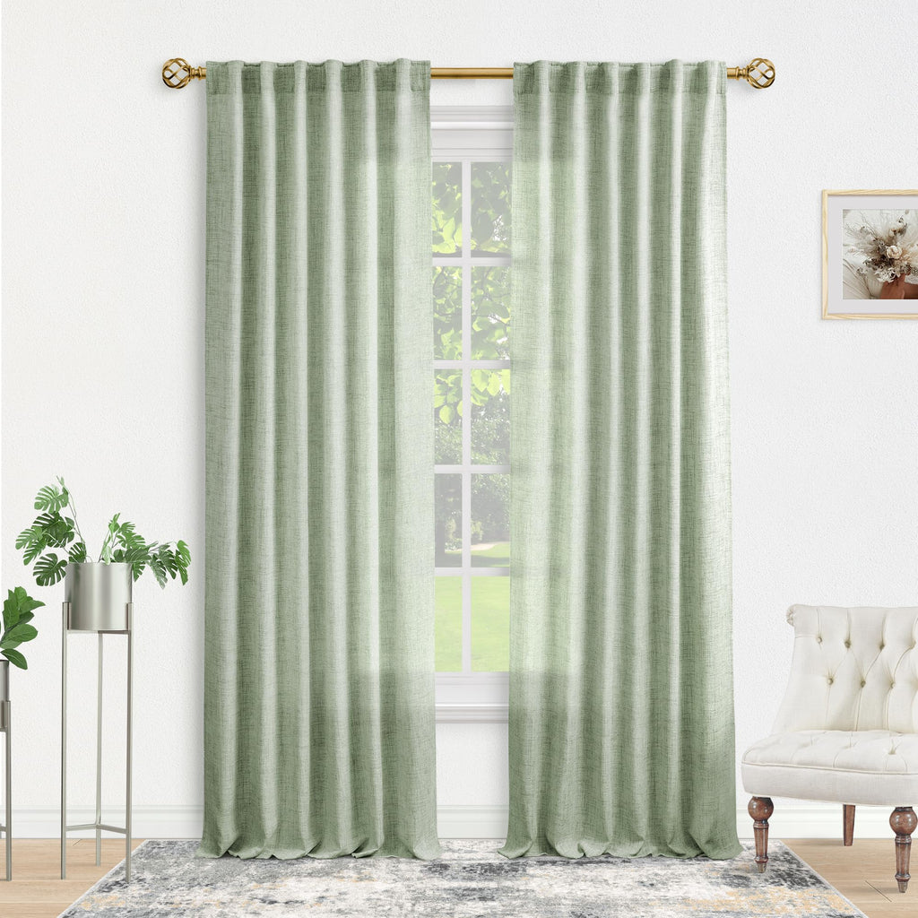 Sage Green Curtains for Living Room 108 Inches Long 2 Panels Light Green Farmhouse Linen Drapes Semi Transparent Extra Long Shee