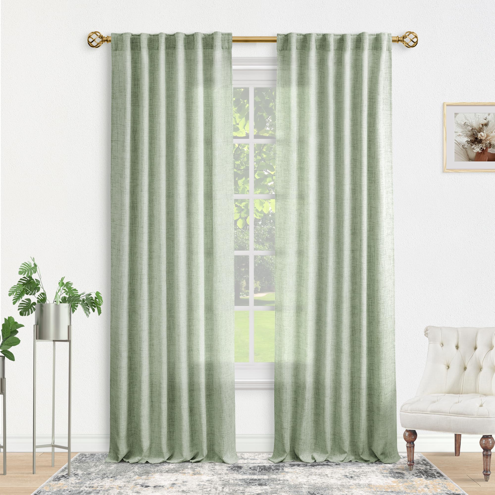 Sage Green Curtains for Living Room 108 Inches Long 2 Panels Light Green Farmhouse Linen Drapes Semi Transparent Extra Long Shee