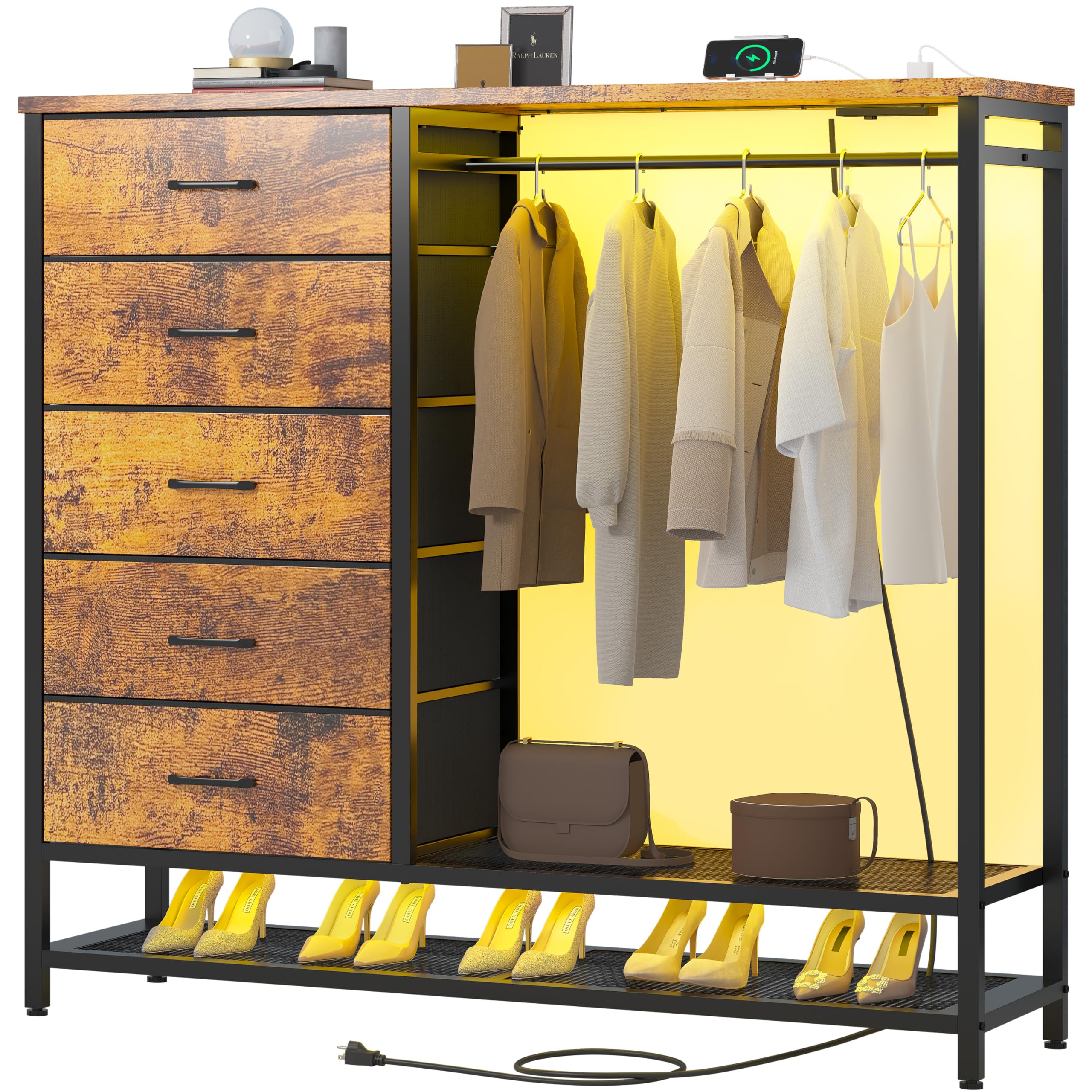 Dresser for Bedroom, Dresser with Hanging Rack Led Lights and Charging Station, Bedroom Dresser with 5 Fabric Chest of Drawers w