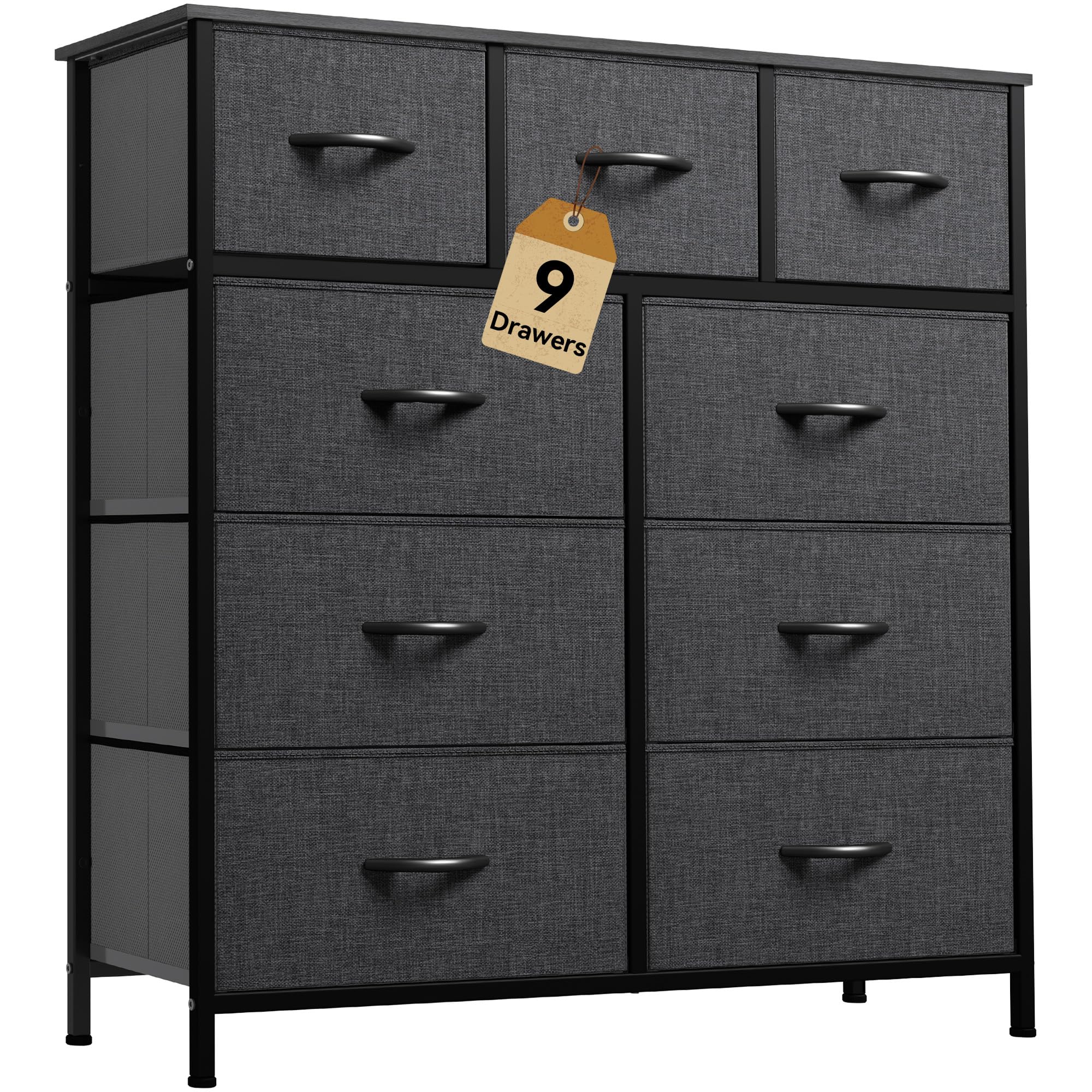 DWVO 9 Drawers Dresser for Bedroom, Fabric Storage Tower for Living Room, Entryway - Sturdy Steel Frame, Wooden Top & Easy Pull 