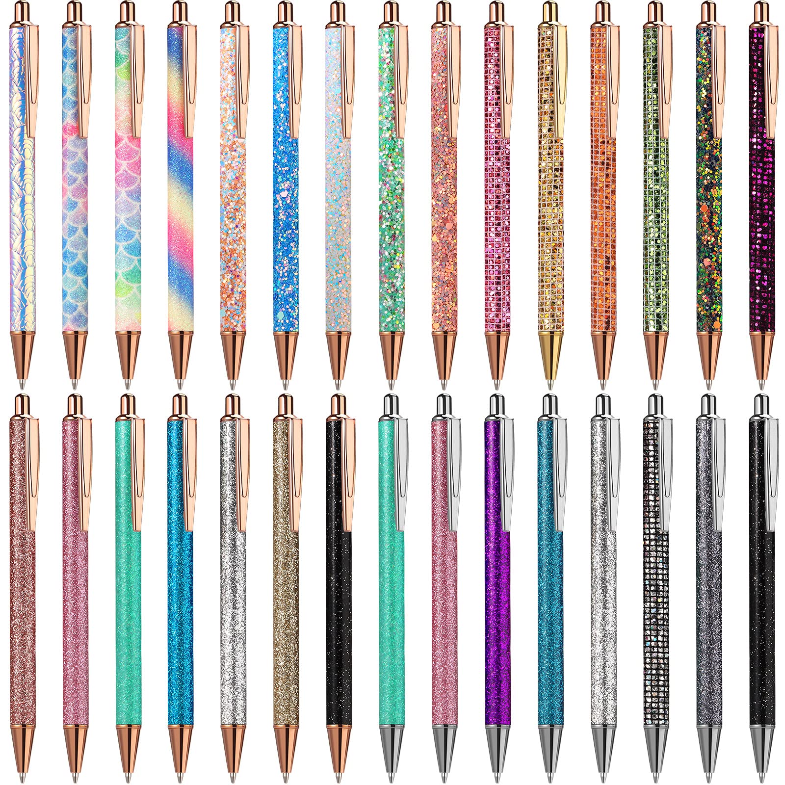 Zonon 30 Pcs Glitter Ballpoint Pens For Woman Fancy Shiny Ballpoint Pens Metal Retractable Ballpoint Pens Black Ink Medium Point